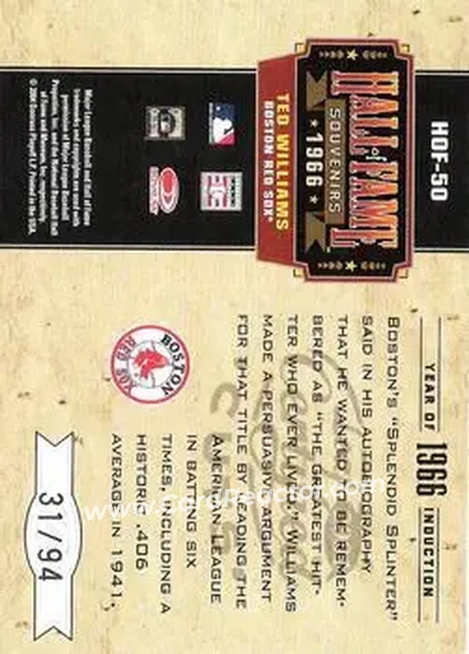 2004 Leaf Certified Cuts - Hall of Fame Souvenirs #HOF-50 - Ted Williams - Boston Red Sox - Back