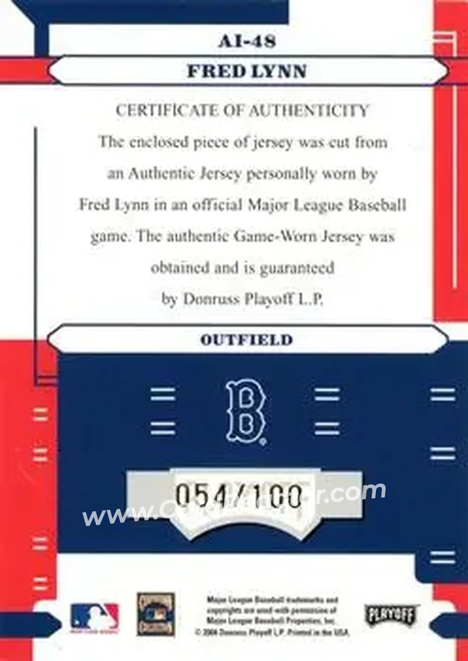2004 Playoff Absolute Memorabilia - Absolutely Ink Material #AI-48 - Fred Lynn - Boston Red Sox - Back