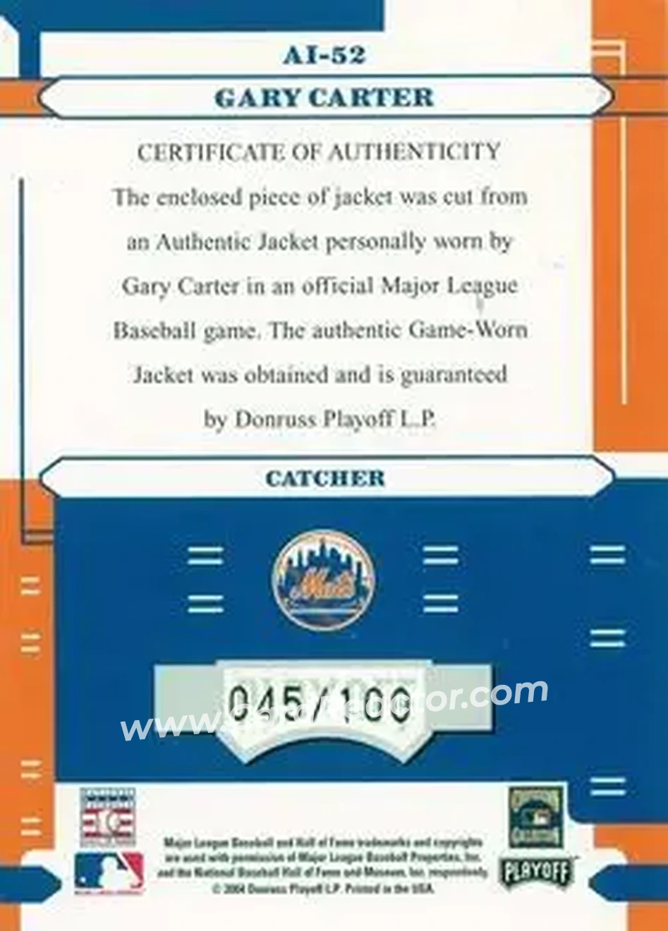 2004 Playoff Absolute Memorabilia - Absolutely Ink Material #AI-52 - Gary Carter - New York Mets - Back