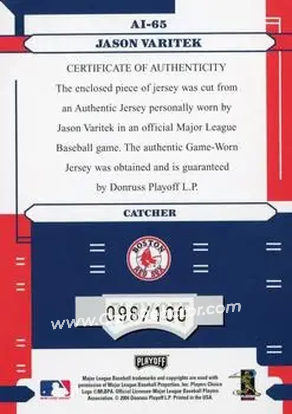 2004 Playoff Absolute Memorabilia - Absolutely Ink Material #AI-65 - Jason Varitek - Boston Red Sox - Back 2004 Playoff Absolute Memorabilia - Absolutely Ink Material #AI-65 - Jason Varitek - Boston Red Sox - Back