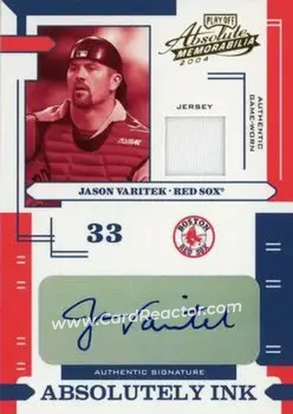 2004 Playoff Absolute Memorabilia - Absolutely Ink Material #AI-65 - Jason Varitek - Boston Red Sox - Front 2004 Playoff Absolute Memorabilia - Absolutely Ink Material #AI-65 - Jason Varitek - Boston Red Sox - Front