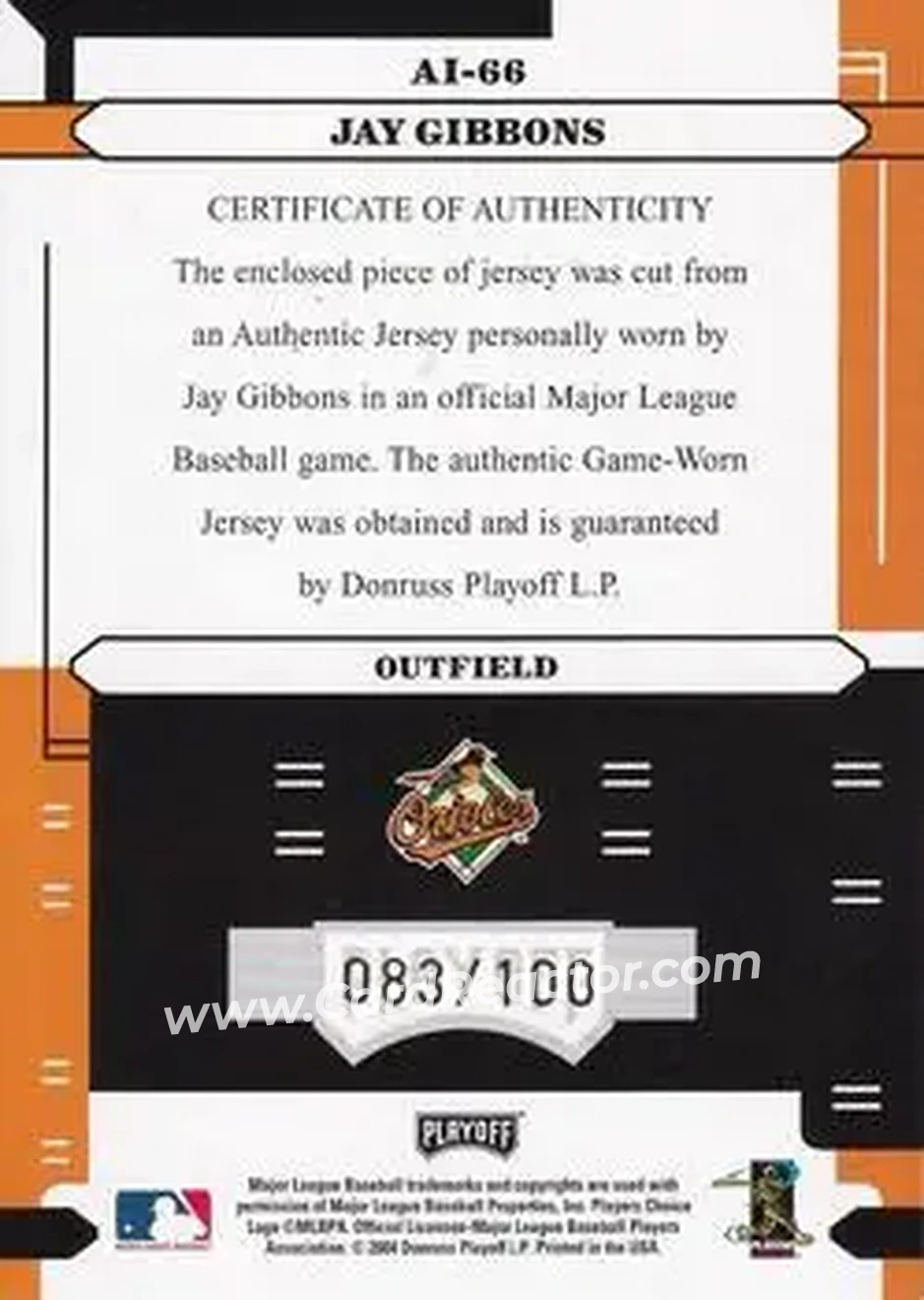2004 Playoff Absolute Memorabilia - Absolutely Ink Material #AI-66 - Jay Gibbons - Baltimore Orioles - Back