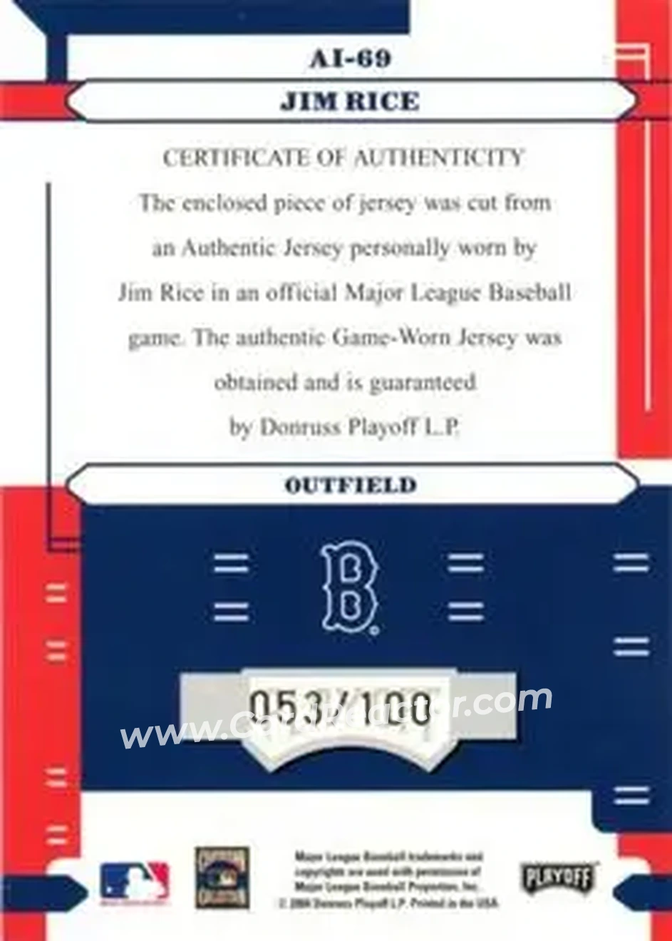 2004 Playoff Absolute Memorabilia - Absolutely Ink Material #AI-69 - Jim Rice - Boston Red Sox - Back 2004 Playoff Absolute Memorabilia - Absolutely Ink Material #AI-69 - Jim Rice - Boston Red Sox - Back