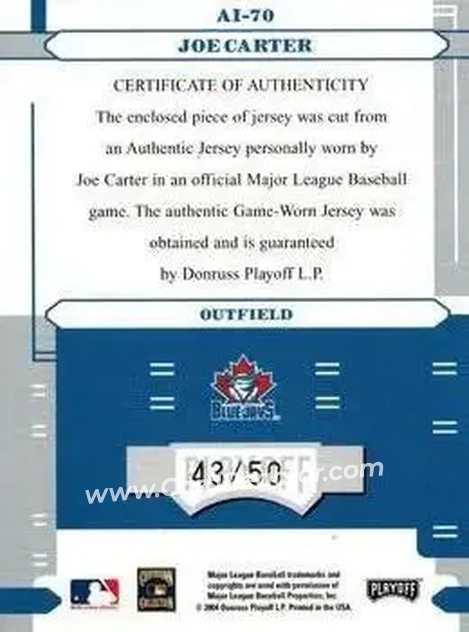 2004 Playoff Absolute Memorabilia - Absolutely Ink Material #AI-70 - Joe Carter - Toronto Blue Jays - Back
