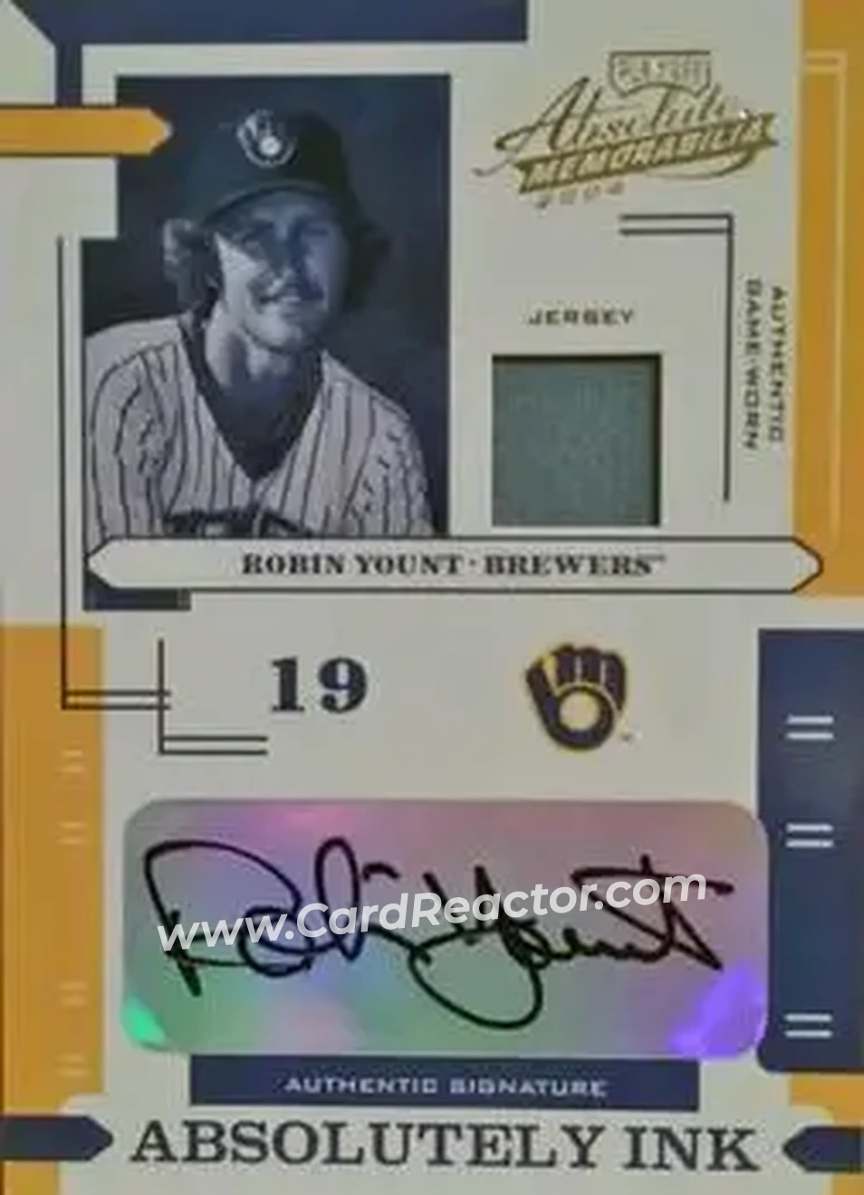 2004 Playoff Absolute Memorabilia - Absolutely Ink Material #AI-105 - Robin Yount - Milwaukee Brewers - Front 2004 Playoff Absolute Memorabilia - Absolutely Ink Material #AI-105 - Robin Yount - Milwaukee Brewers - Front