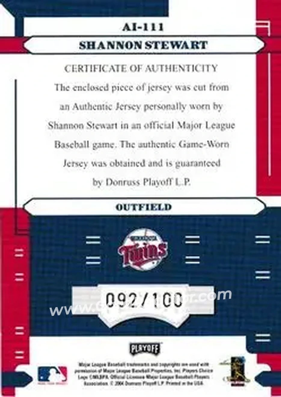 2004 Playoff Absolute Memorabilia - Absolutely Ink Material #AI-111 - Shannon Stewart - Minnesota Twins - Back