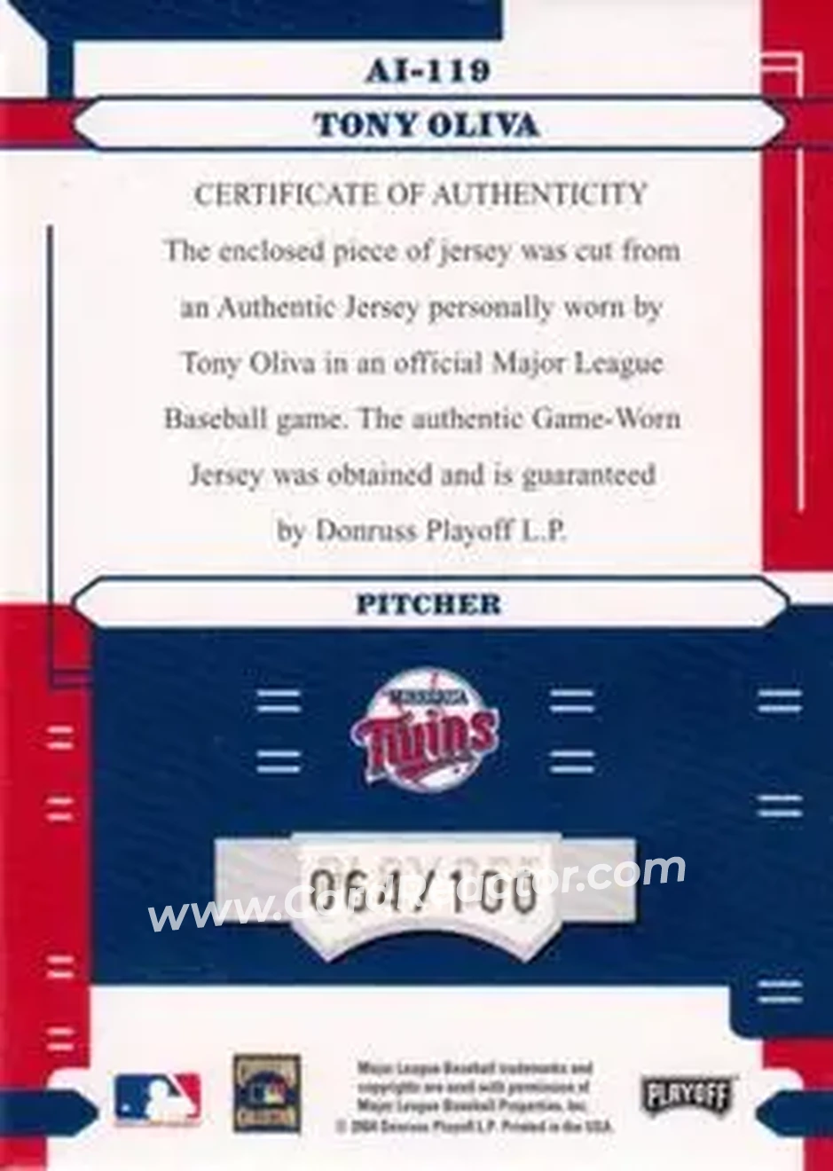 2004 Playoff Absolute Memorabilia - Absolutely Ink Material #AI-119 - Tony Oliva - Minnesota Twins - Back