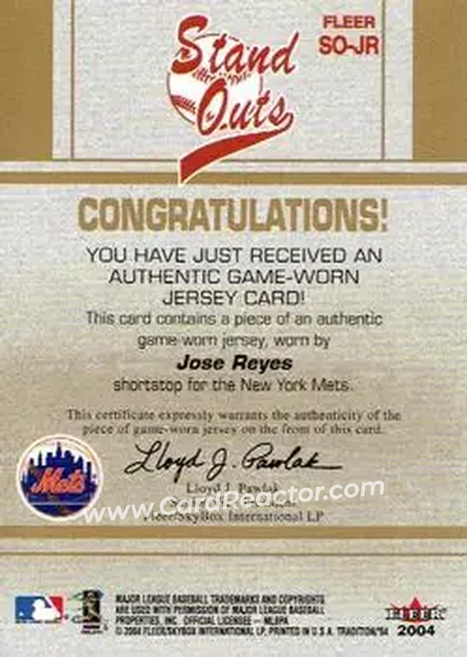 2004 Fleer Tradition - Stand Outs Game Used #SO-JR - Jose Reyes - New York Mets - Back