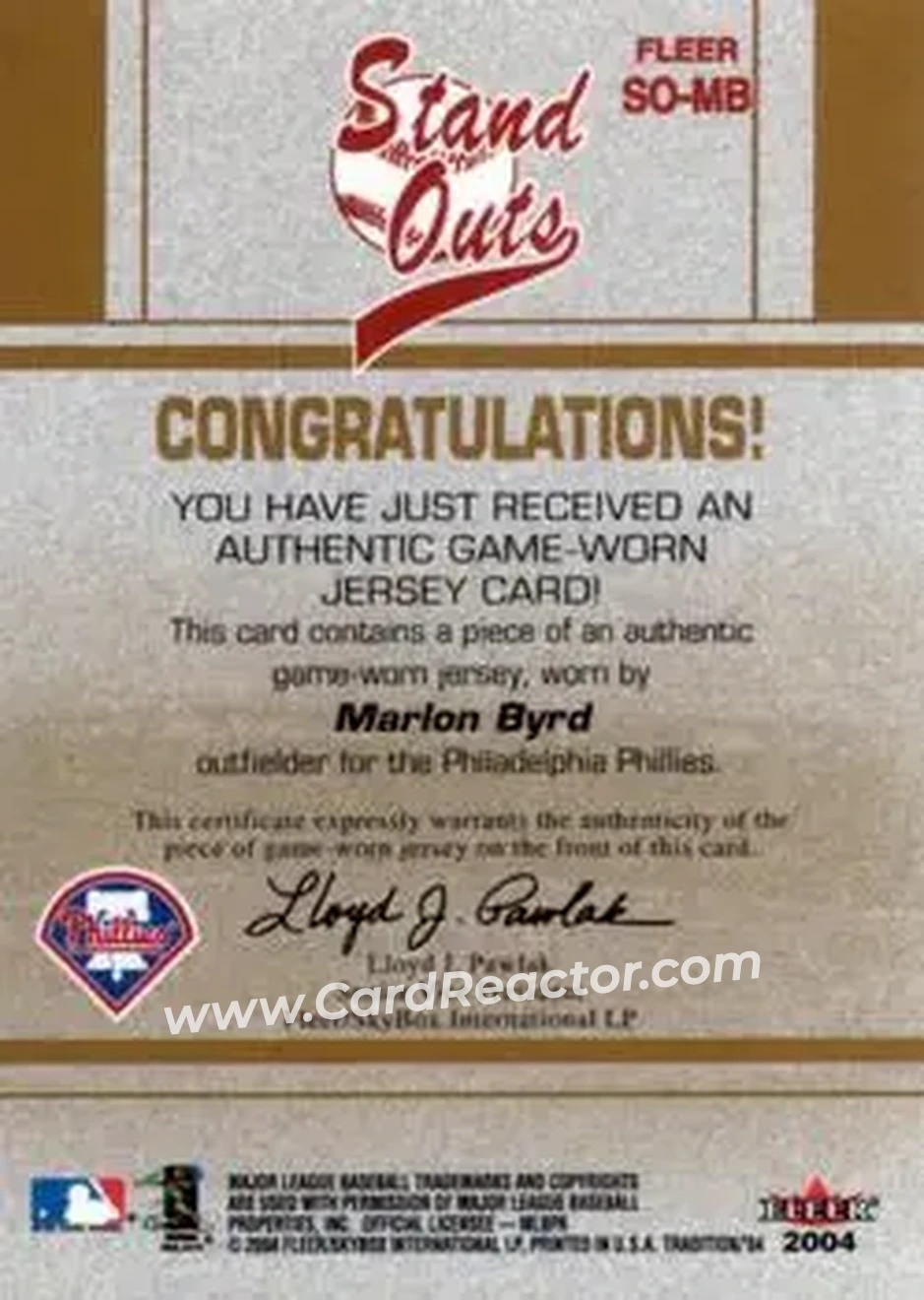 2004 Fleer Tradition - Stand Outs Game Used #SO-MB - Marlon Byrd - Philadelphia Phillies - Back