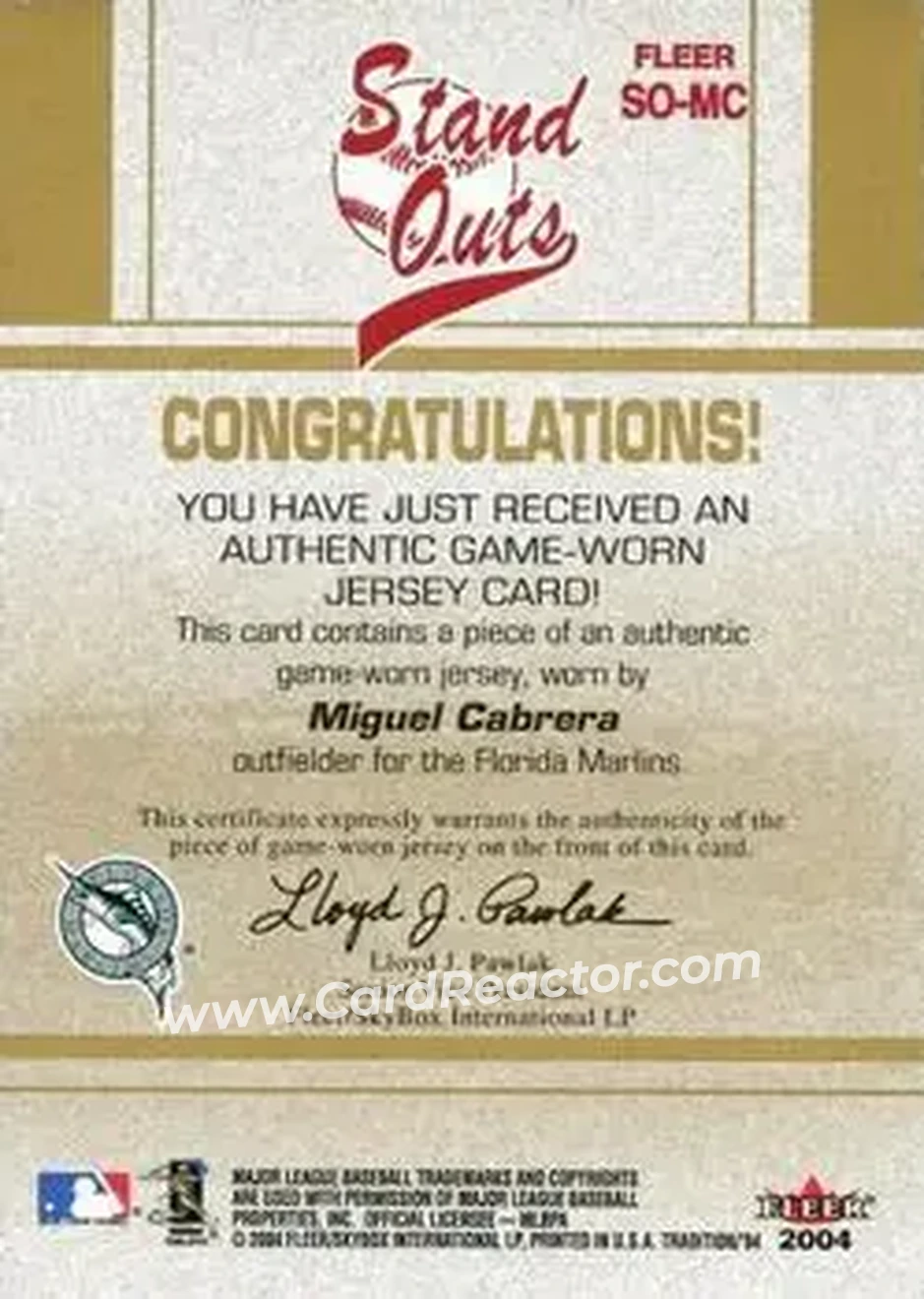 2004 Fleer Tradition - Stand Outs Game Used #SO-MC - Miguel Cabrera - Florida Marlins - Back