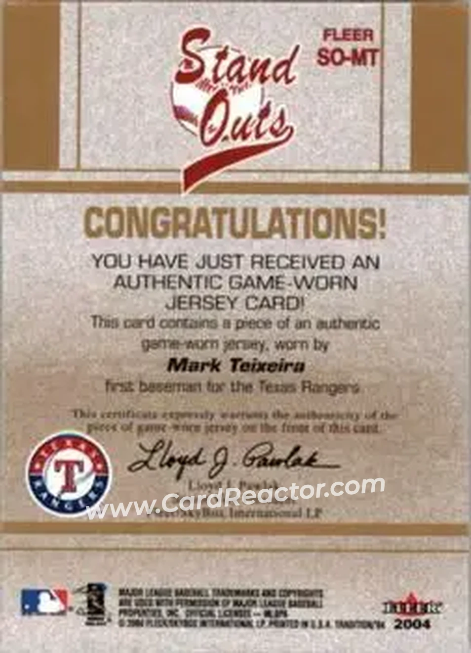 2004 Fleer Tradition - Stand Outs Game Used #SO-MT - Mark Teixeira - Texas Rangers - Back
