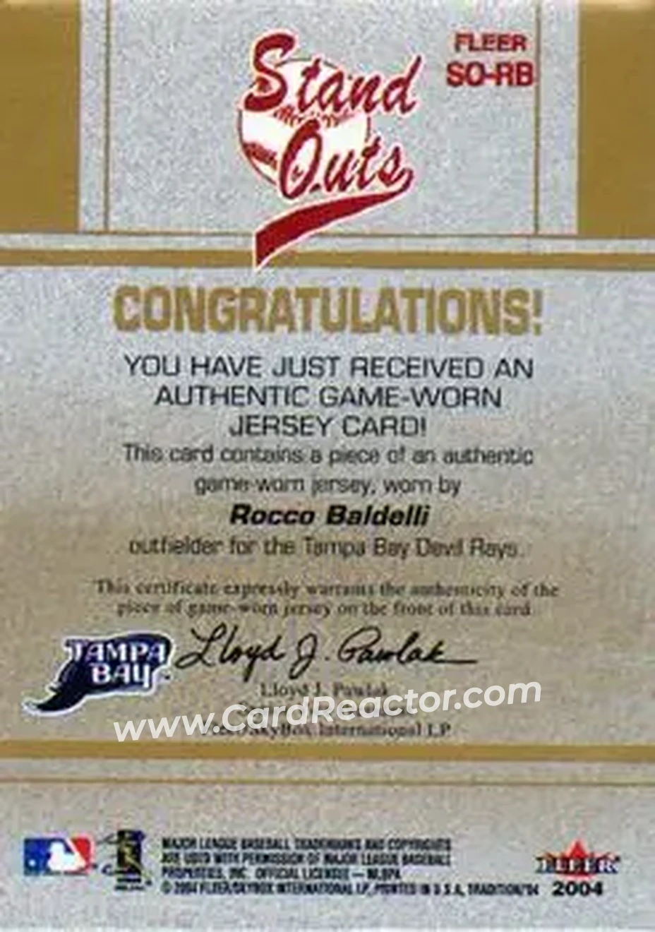 2004 Fleer Tradition - Stand Outs Game Used #SO-RB - Rocco Baldelli - Tampa Bay Devil Rays - Back