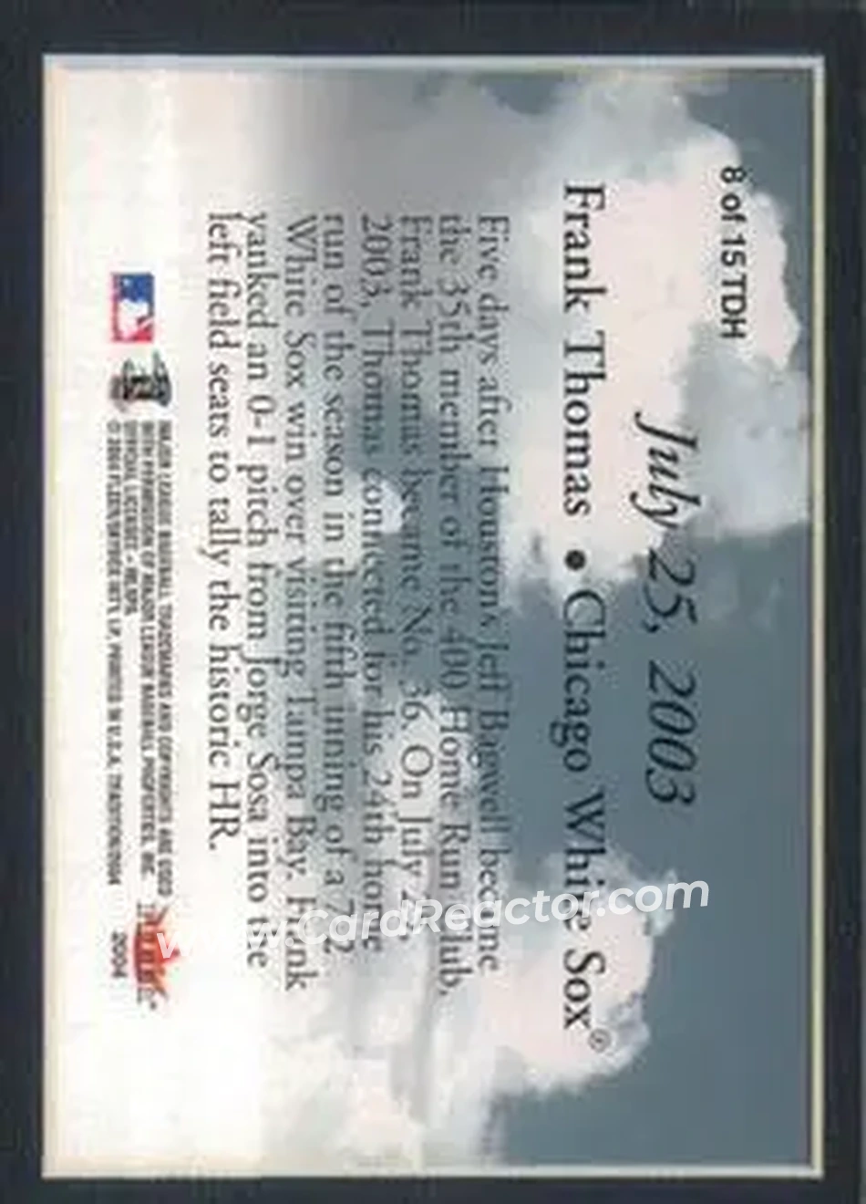 2004 Fleer Tradition - This Day in History #8TDH - Frank Thomas - Chicago White Sox - Back