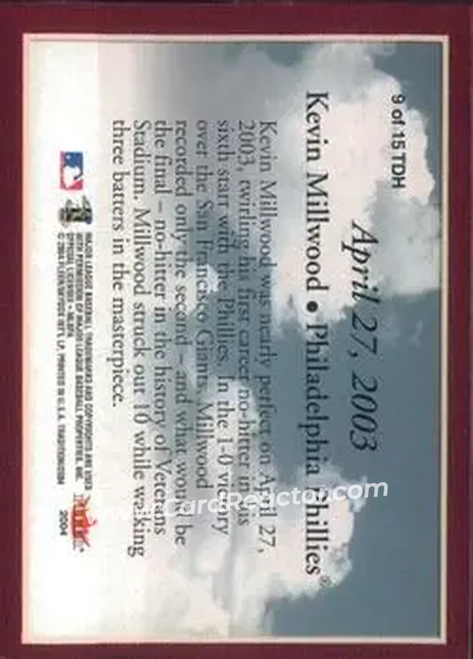 2004 Fleer Tradition - This Day in History #9TDH - Kevin Millwood - Philadelphia Phillies - Back