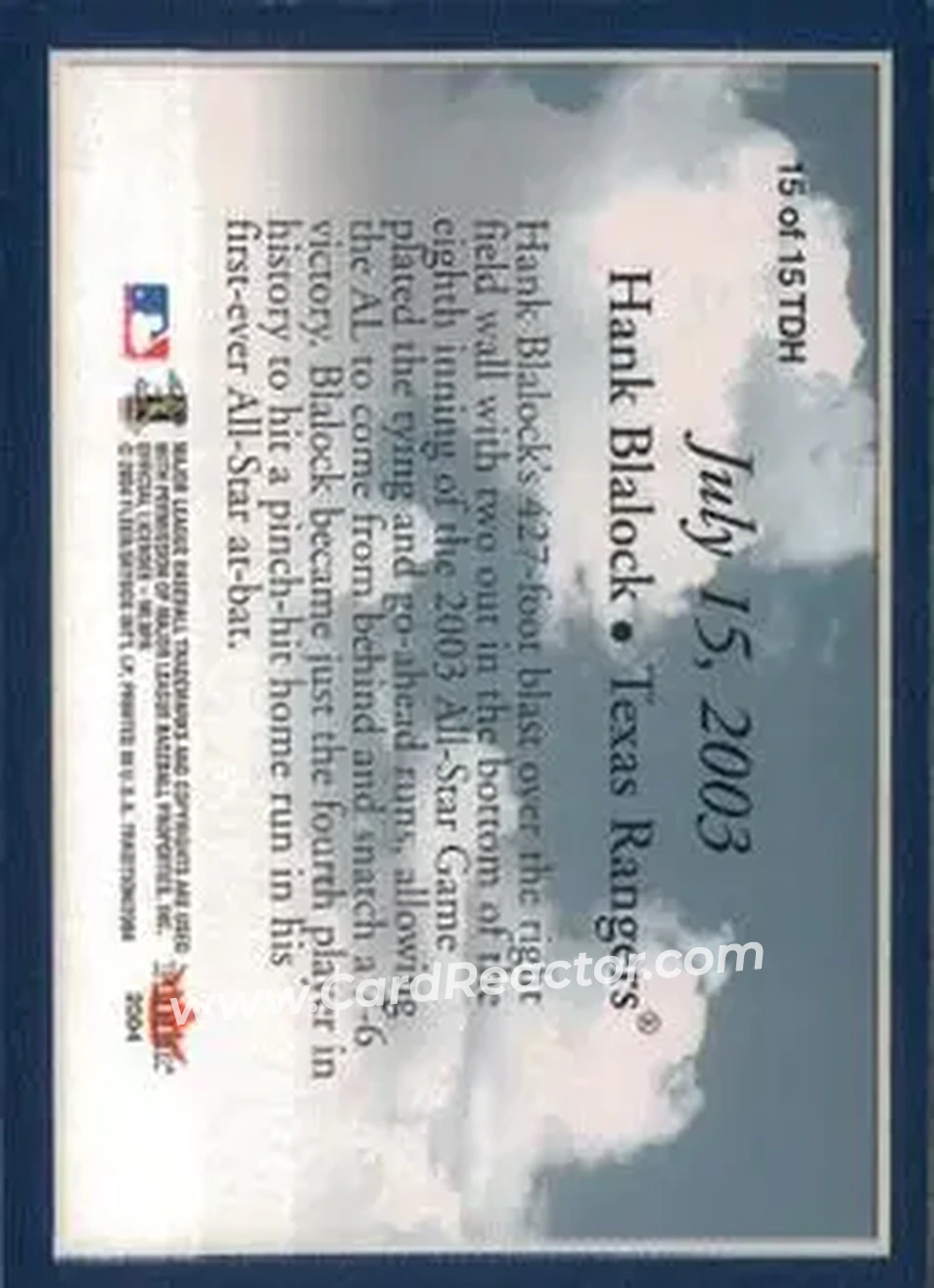 2004 Fleer Tradition - This Day in History #15TDH - Hank Blalock - Texas Rangers - Back