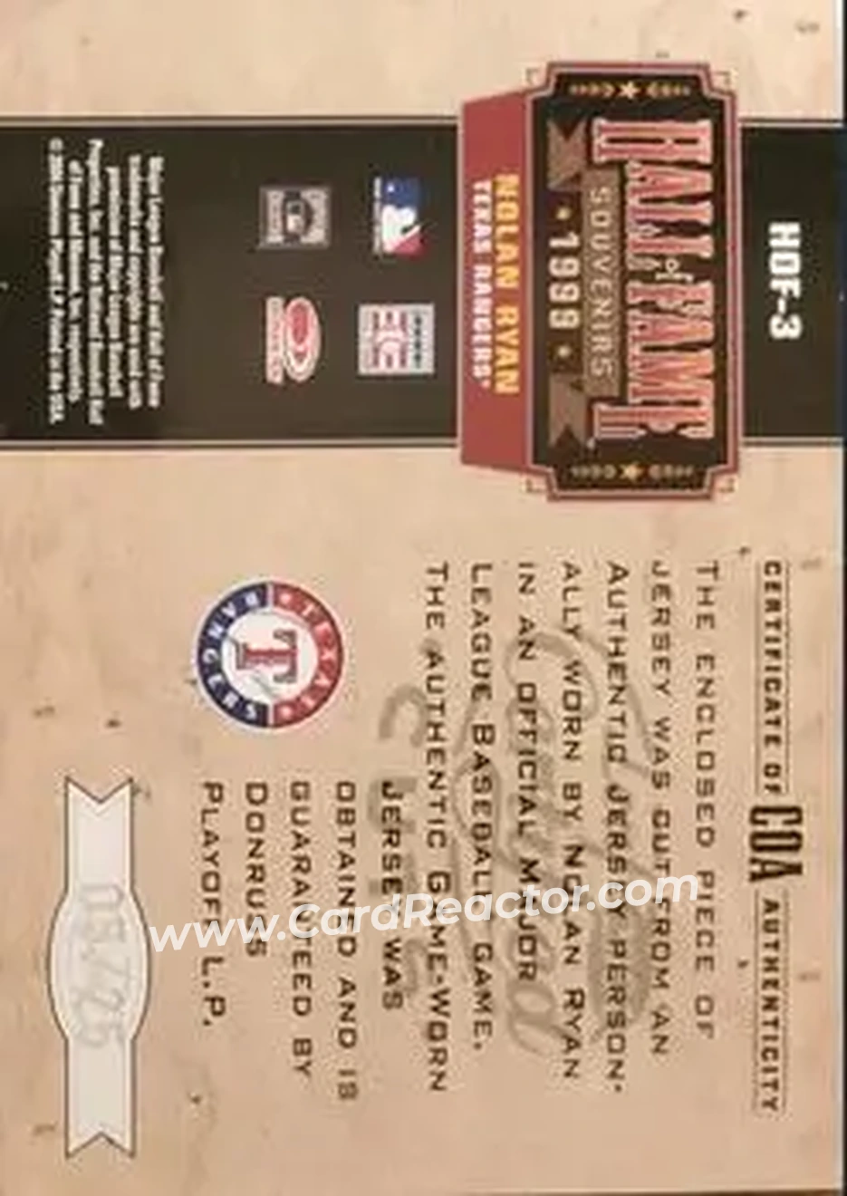 2004 Leaf Certified Cuts - Hall of Fame Souvenirs Material #HOF-3 - Nolan Ryan - Texas Rangers - Back
