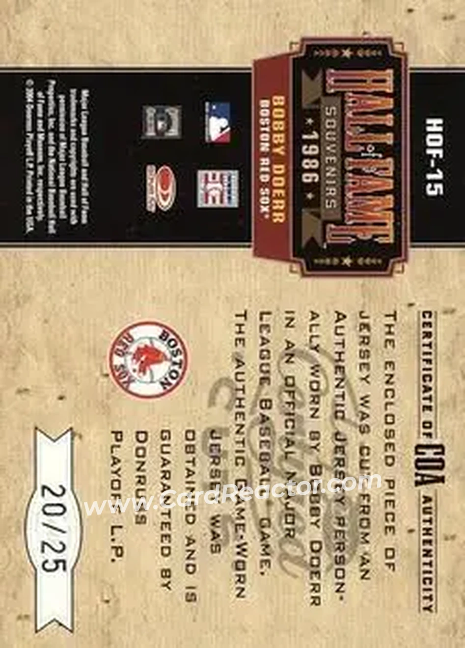 2004 Leaf Certified Cuts - Hall of Fame Souvenirs Material #HOF-15 - Bobby Doerr - Boston Red Sox - Back 2004 Leaf Certified Cuts - Hall of Fame Souvenirs Material #HOF-15 - Bobby Doerr - Boston Red Sox - Back