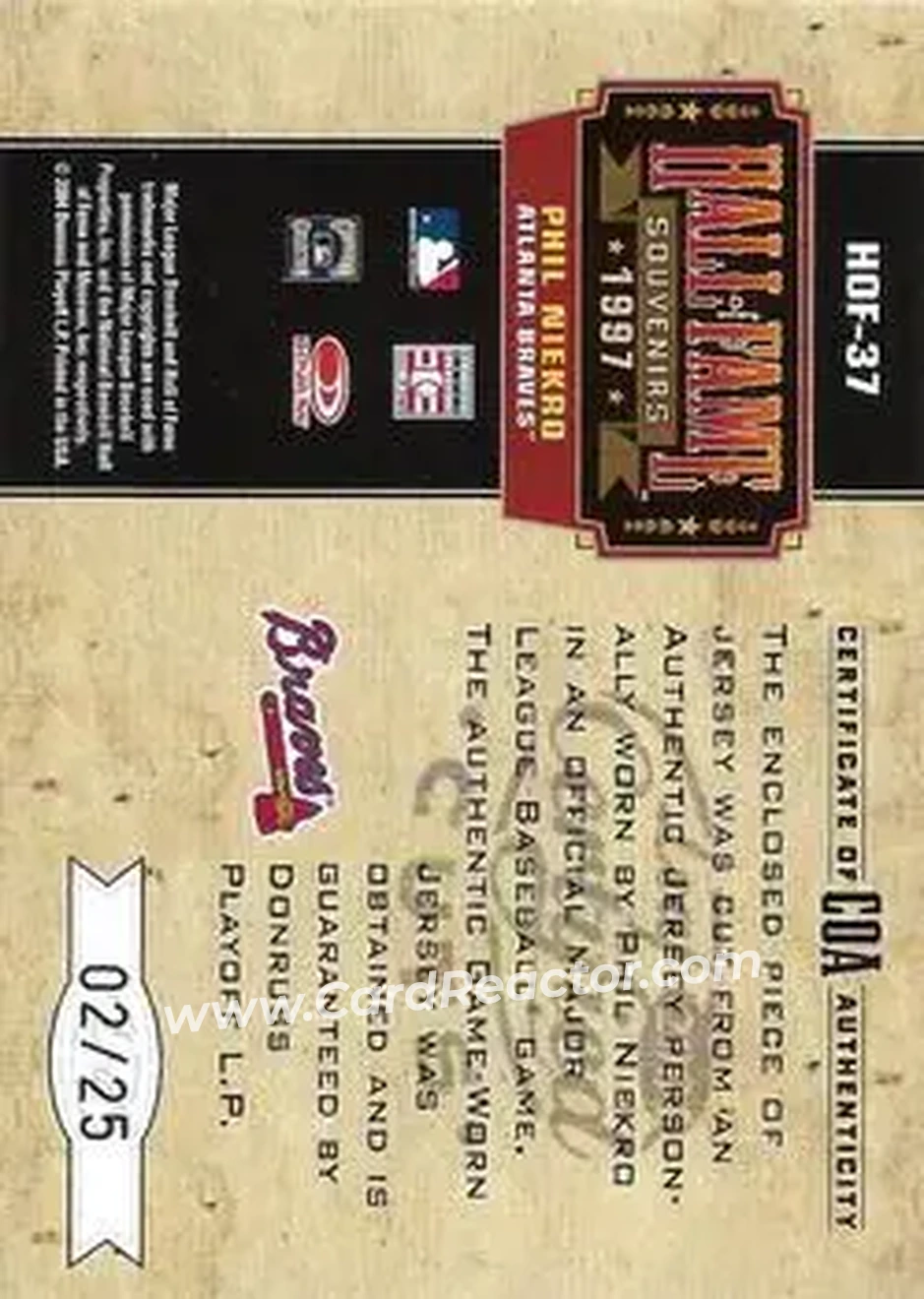2004 Leaf Certified Cuts - Hall of Fame Souvenirs Material #HOF-37 - Phil Niekro - Atlanta Braves - Back