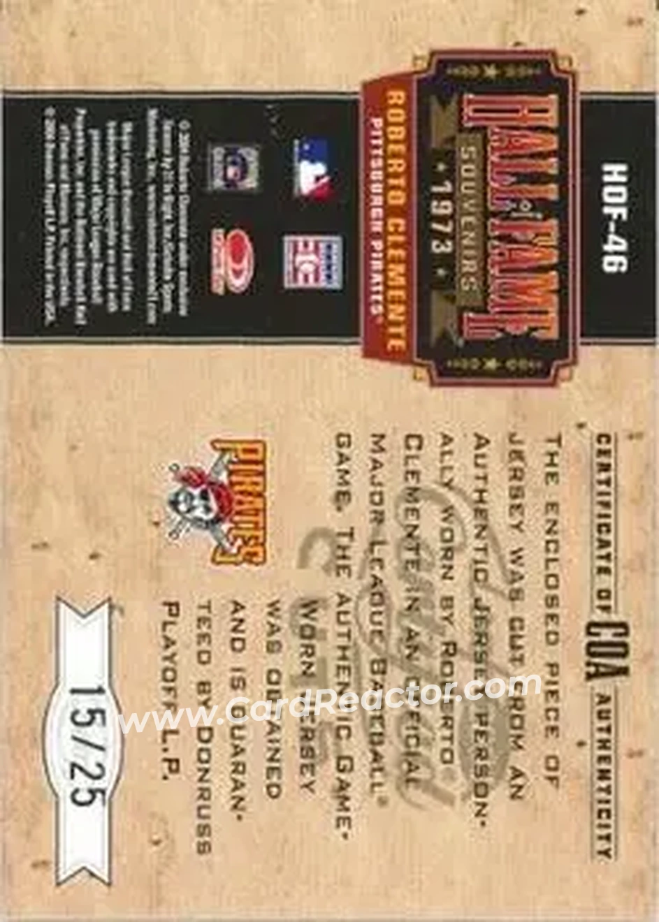 2004 Leaf Certified Cuts - Hall of Fame Souvenirs Material #HOF-46 - Bob Clemente - Pittsburgh Pirates - Back