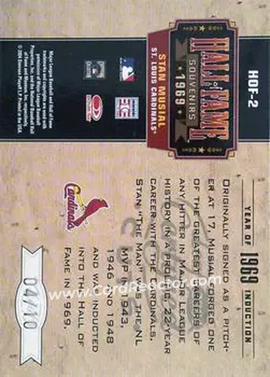 2004 Leaf Certified Cuts - Hall of Fame Souvenirs Signature #HOF-2 - Stan Musial - St. Louis Cardinals - Back