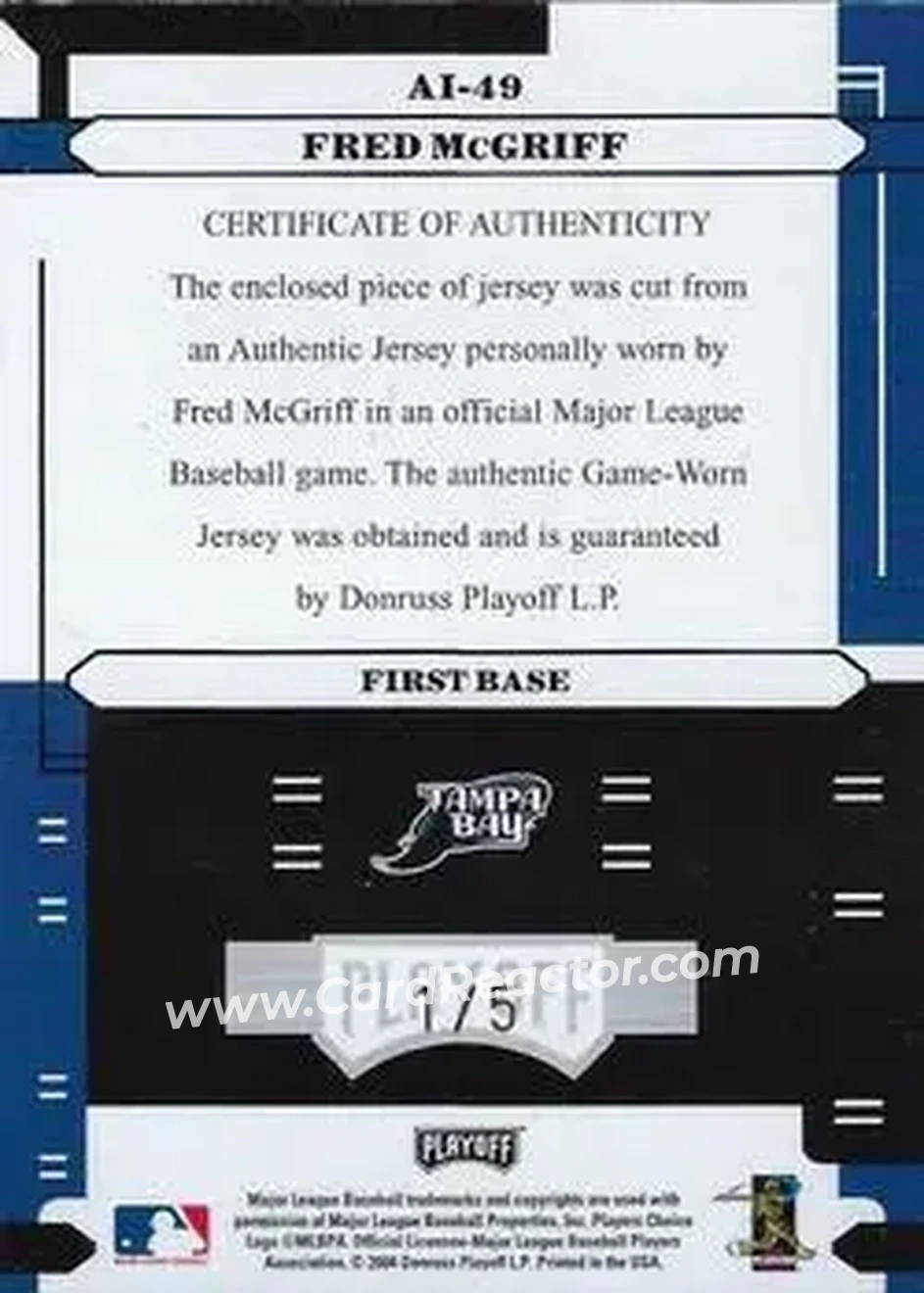 2004 Playoff Absolute Memorabilia - Absolutely Ink Material PS #AI-49 - Fred McGriff - Tampa Bay Devil Rays - Back
