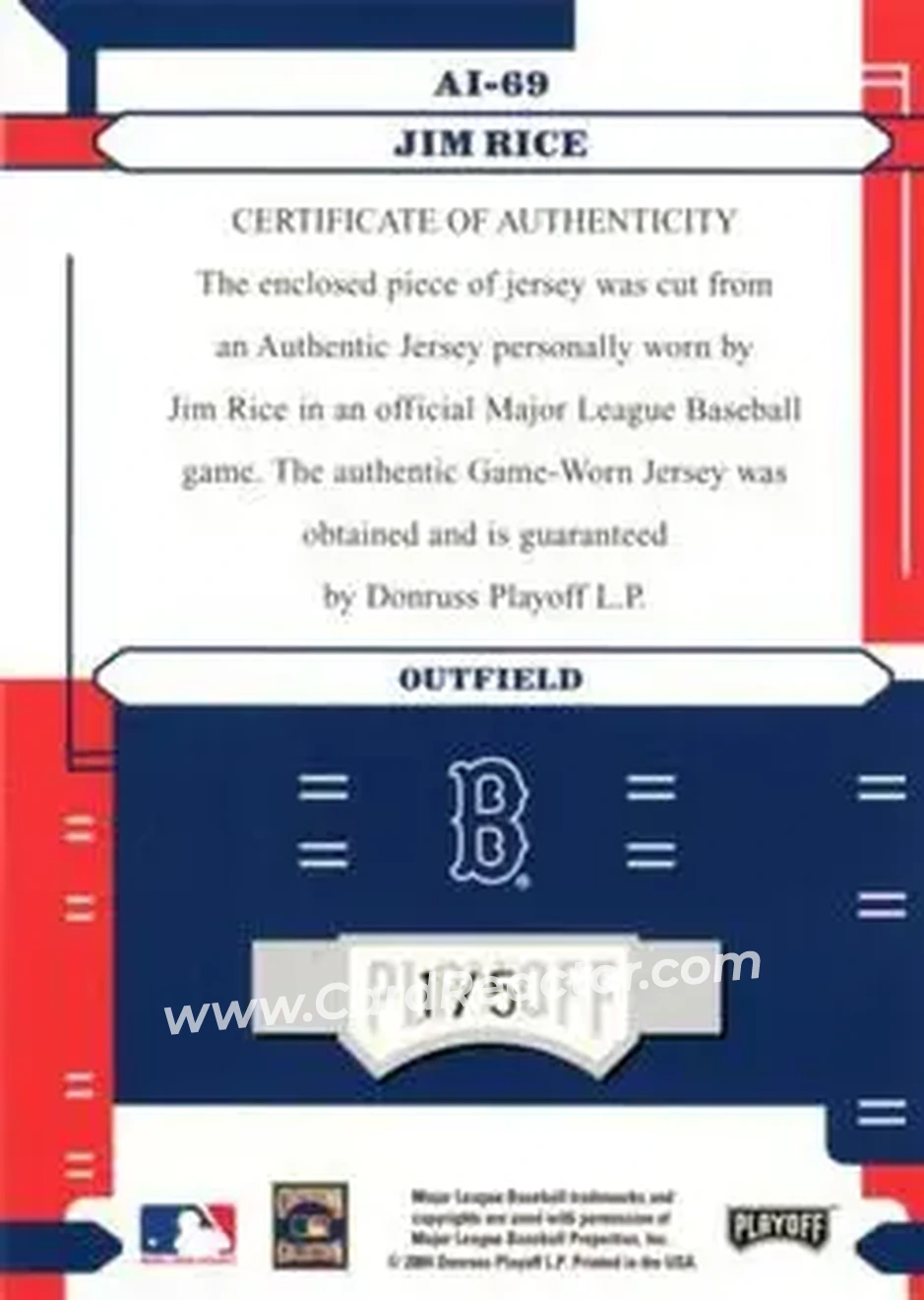 2004 Playoff Absolute Memorabilia - Absolutely Ink Material PS #AI-69 - Jim Rice - Boston Red Sox - Back 2004 Playoff Absolute Memorabilia - Absolutely Ink Material PS #AI-69 - Jim Rice - Boston Red Sox - Back