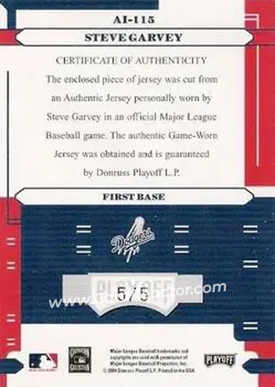 2004 Playoff Absolute Memorabilia - Absolutely Ink Material PS #AI-115 - Steve Garvey - Los Angeles Dodgers - Back