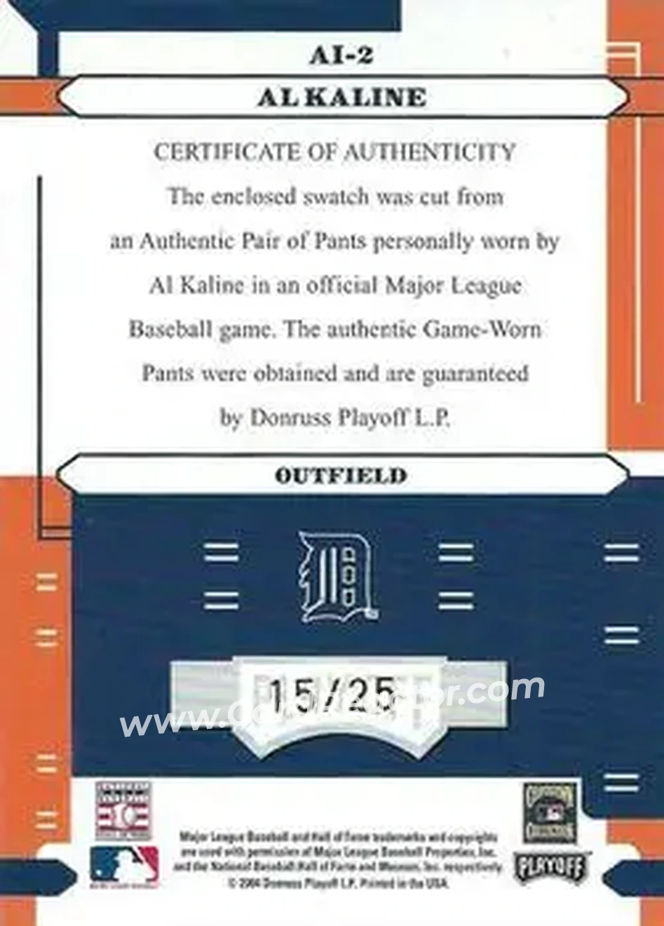 2004 Playoff Absolute Memorabilia - Absolutely Ink Spectrum #AI-2 - Al Kaline - Detroit Tigers - Back 2004 Playoff Absolute Memorabilia - Absolutely Ink Spectrum #AI-2 - Al Kaline - Detroit Tigers - Back