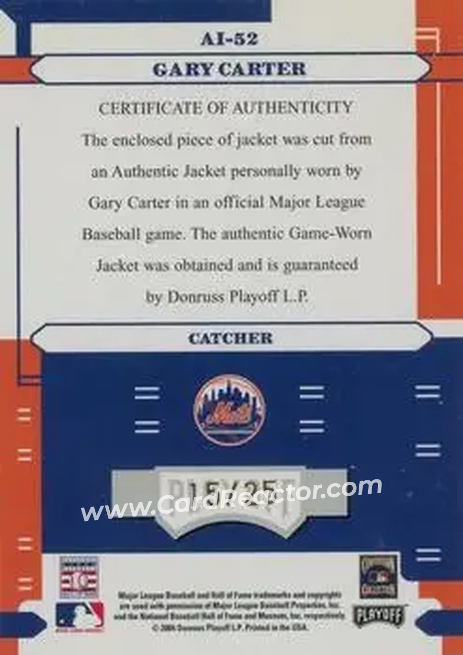 2004 Playoff Absolute Memorabilia - Absolutely Ink Spectrum #AI-52 - Gary Carter - New York Mets - Back