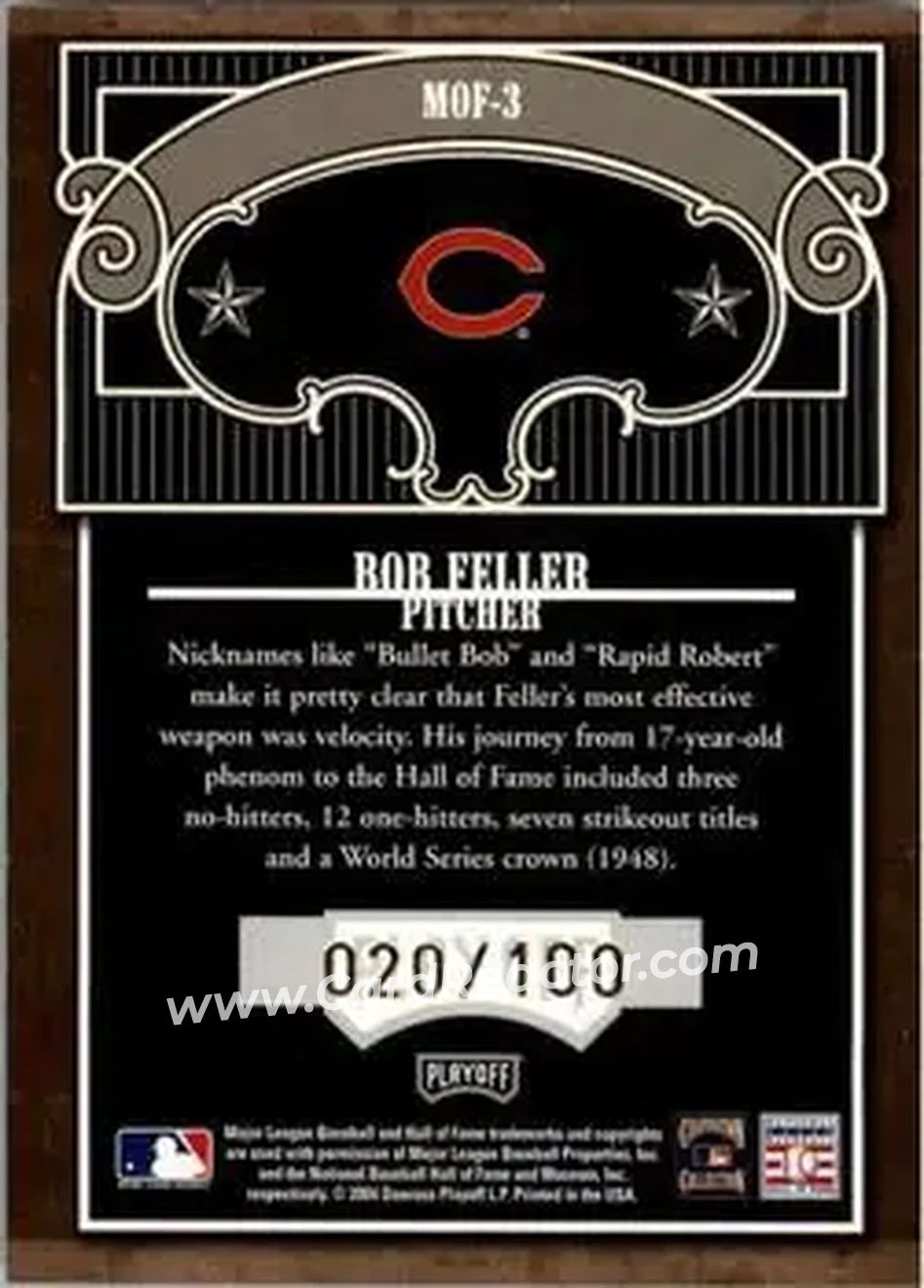 2004 Playoff Absolute Memorabilia - Marks of Fame #MOF-3 - Bob Feller - Cleveland Indians - Back