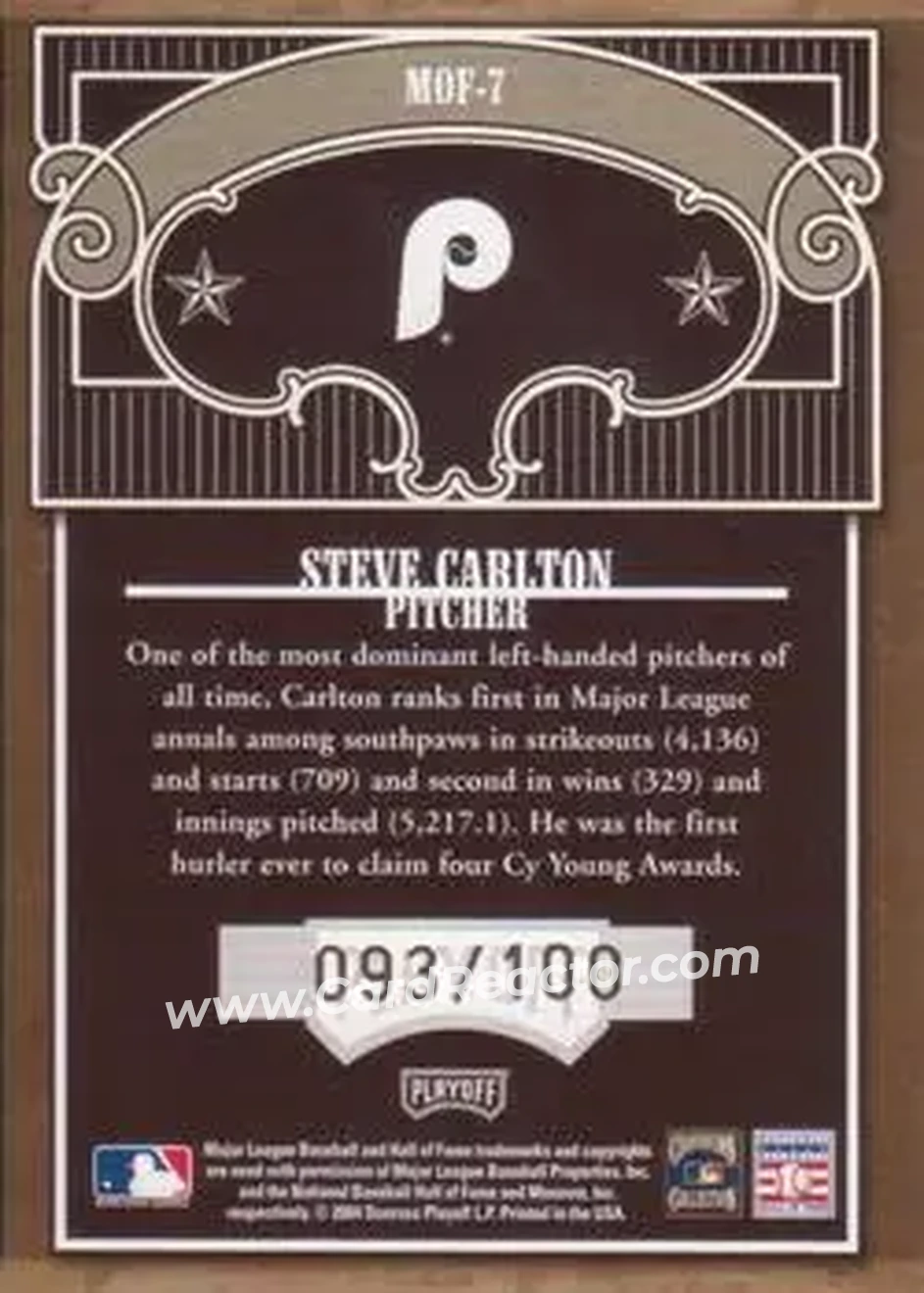 2004 Playoff Absolute Memorabilia - Marks of Fame #MOF-7 - Steve Carlton - Philadelphia Phillies - Back
