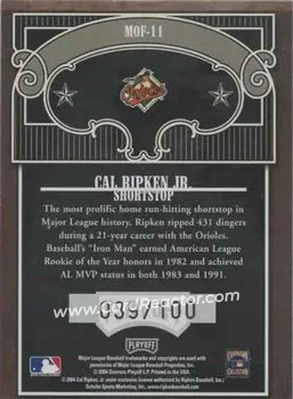 2004 Playoff Absolute Memorabilia - Marks of Fame #MOF-11 - Cal Ripken - Baltimore Orioles - Back