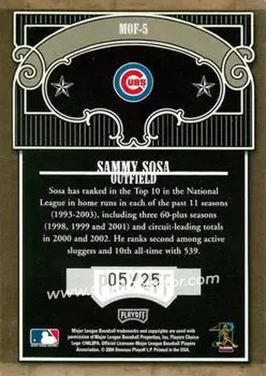 2004 Playoff Absolute Memorabilia - Marks of Fame Spectrum #MOF-5 - Sammy Sosa - Chicago Cubs - Back