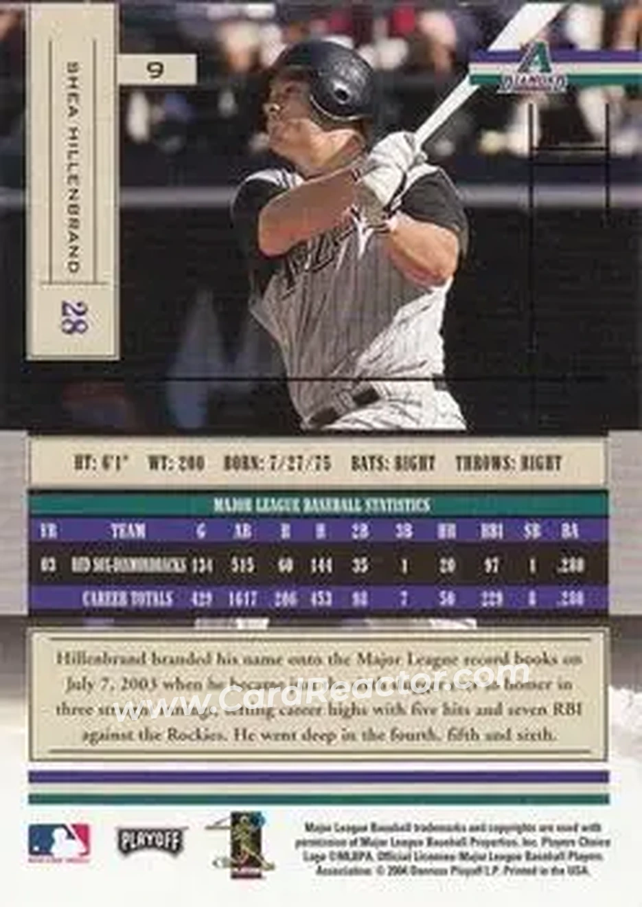 2004 Playoff Absolute Memorabilia - Retail #9 - Shea Hillenbrand - Arizona Diamondbacks - Back 2004 Playoff Absolute Memorabilia - Retail #9 - Shea Hillenbrand - Arizona Diamondbacks - Back