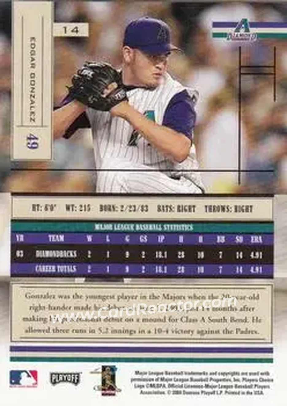 2004 Playoff Absolute Memorabilia - Retail #14 - Edgar Gonzalez - Arizona Diamondbacks - Back