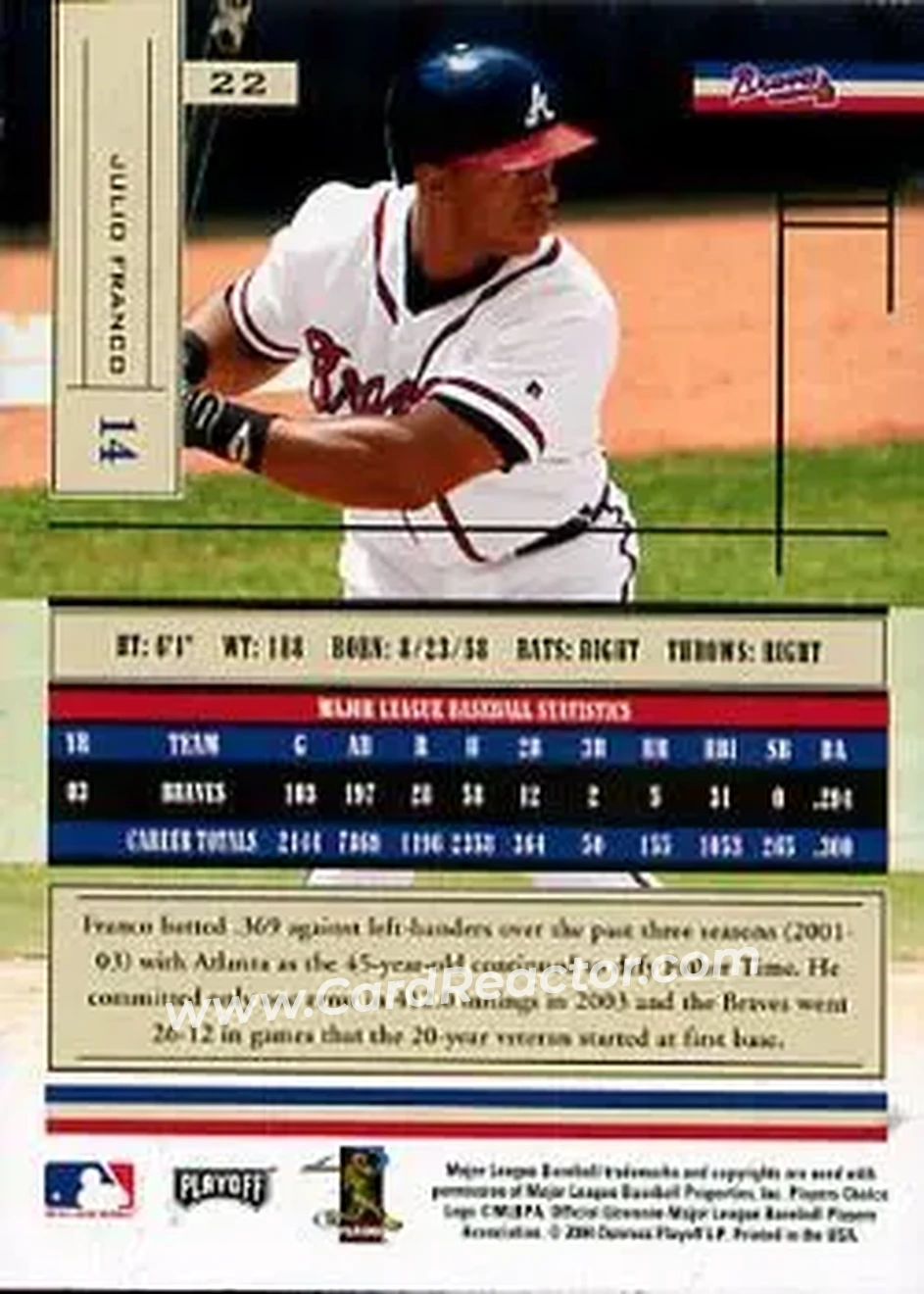 2004 Playoff Absolute Memorabilia - Retail #22 - Julio Franco - Atlanta Braves - Back