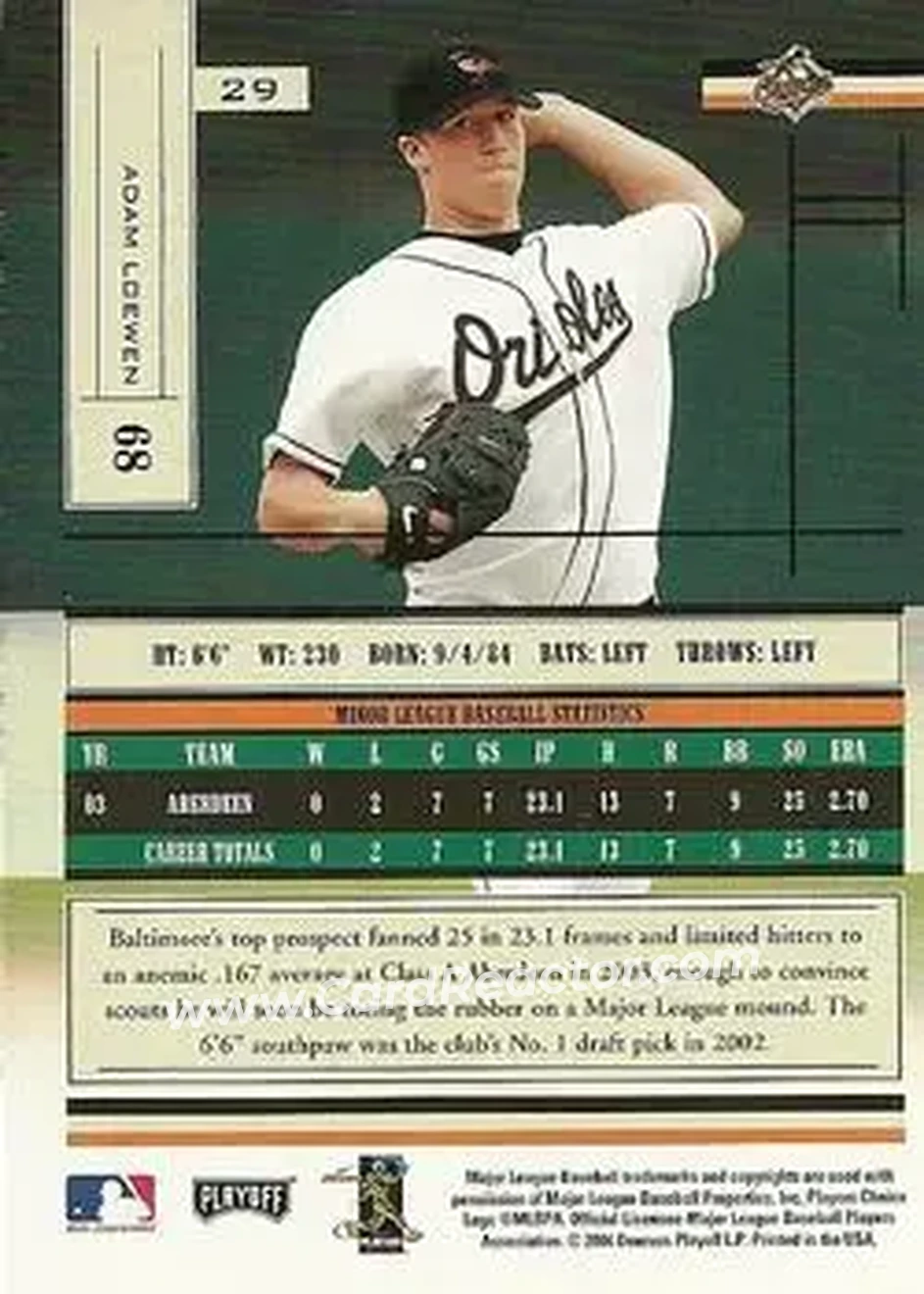 2004 Playoff Absolute Memorabilia - Retail #29 - Adam Loewen - Baltimore Orioles - Back