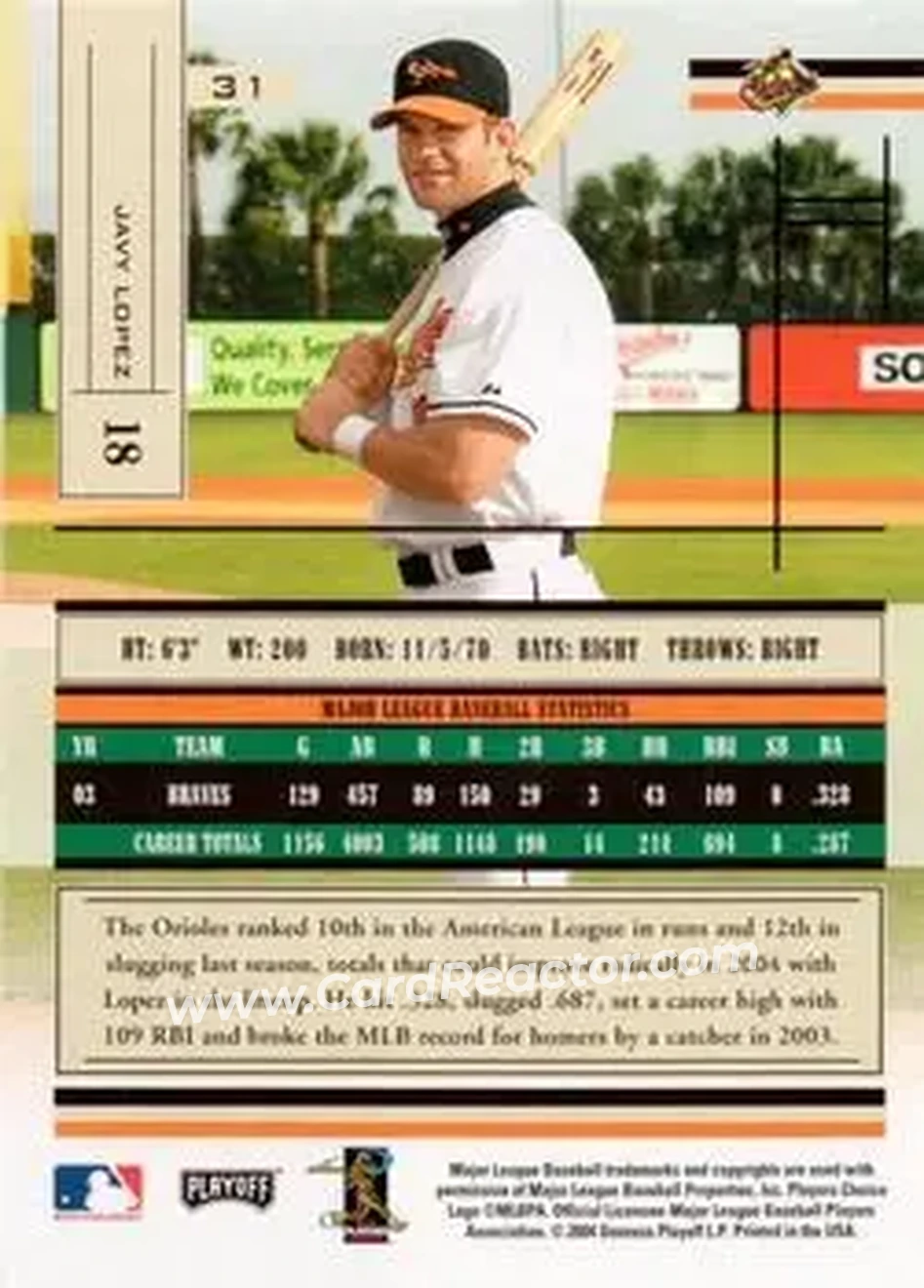 2004 Playoff Absolute Memorabilia - Retail #31 - Javier Lopez - Baltimore Orioles - Back