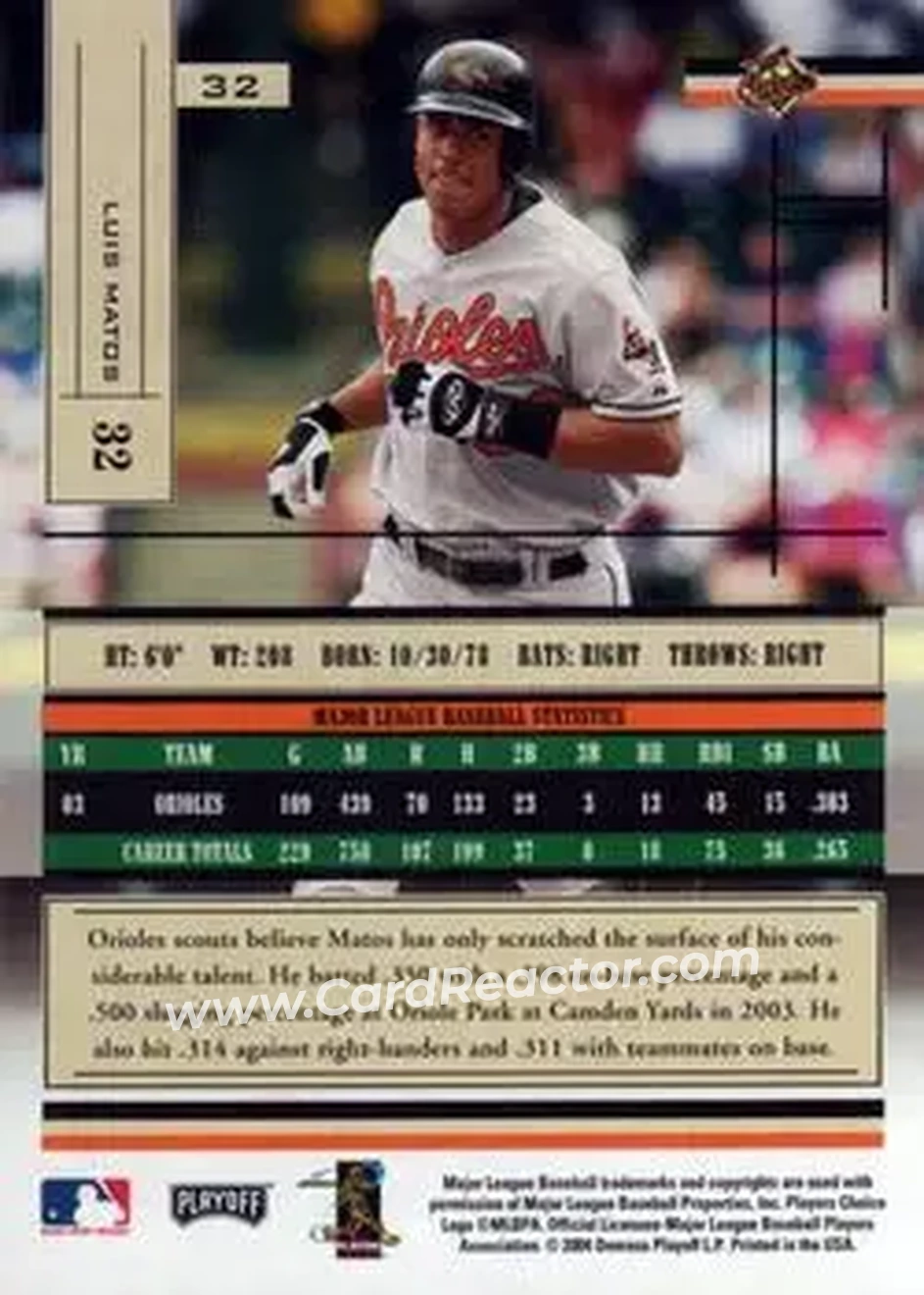 2004 Playoff Absolute Memorabilia - Retail #32 - Luis Matos - Baltimore Orioles - Back