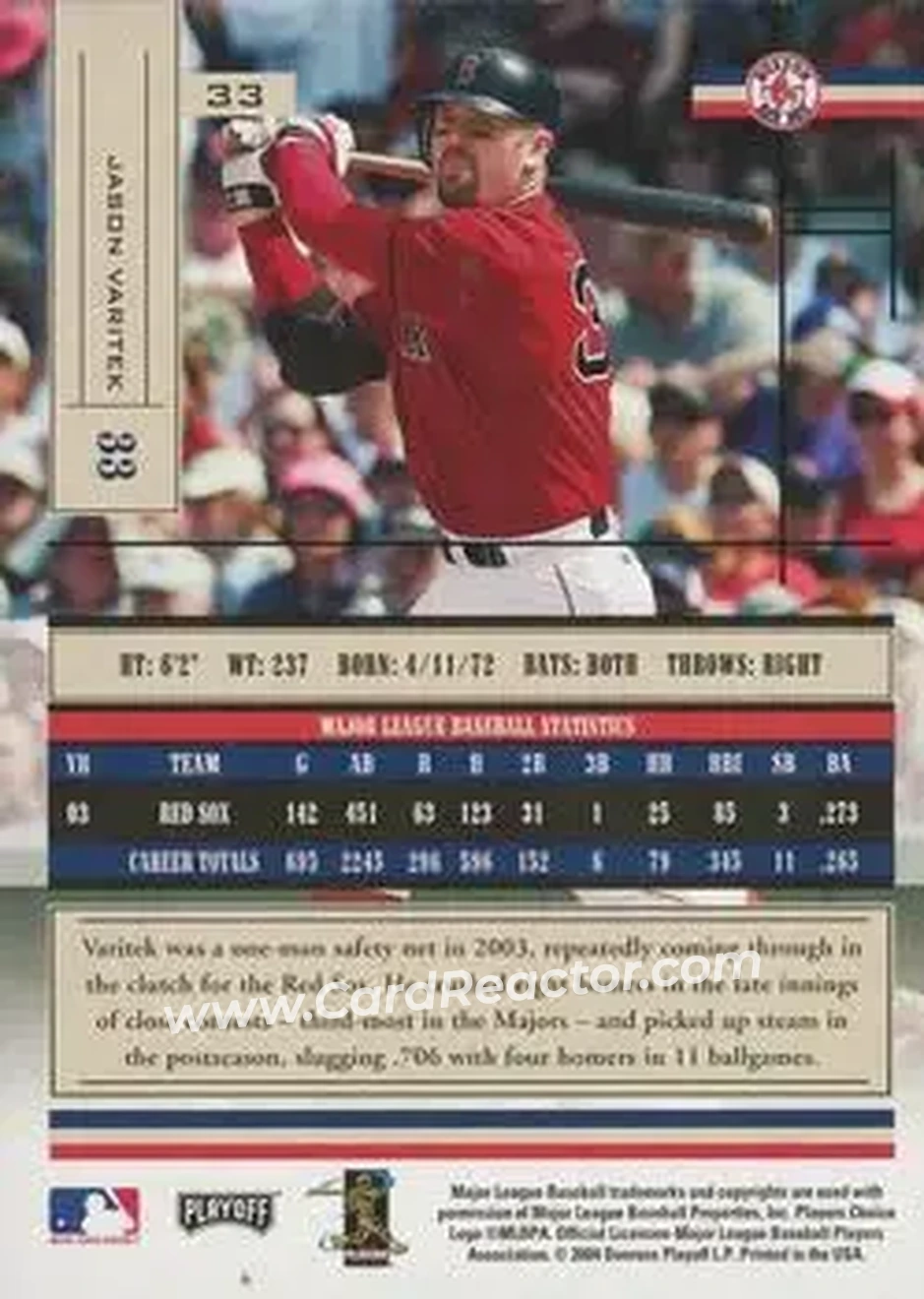 2004 Playoff Absolute Memorabilia - Retail #33 - Jason Varitek - Boston Red Sox - Back