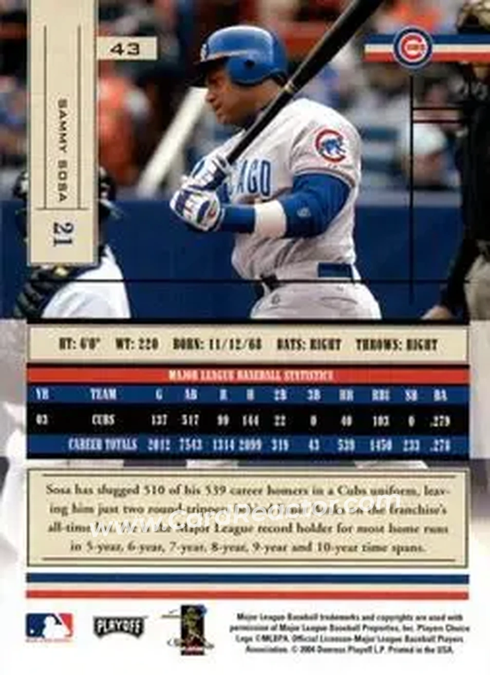 2004 Playoff Absolute Memorabilia - Retail #43 - Sammy Sosa - Chicago Cubs - Back