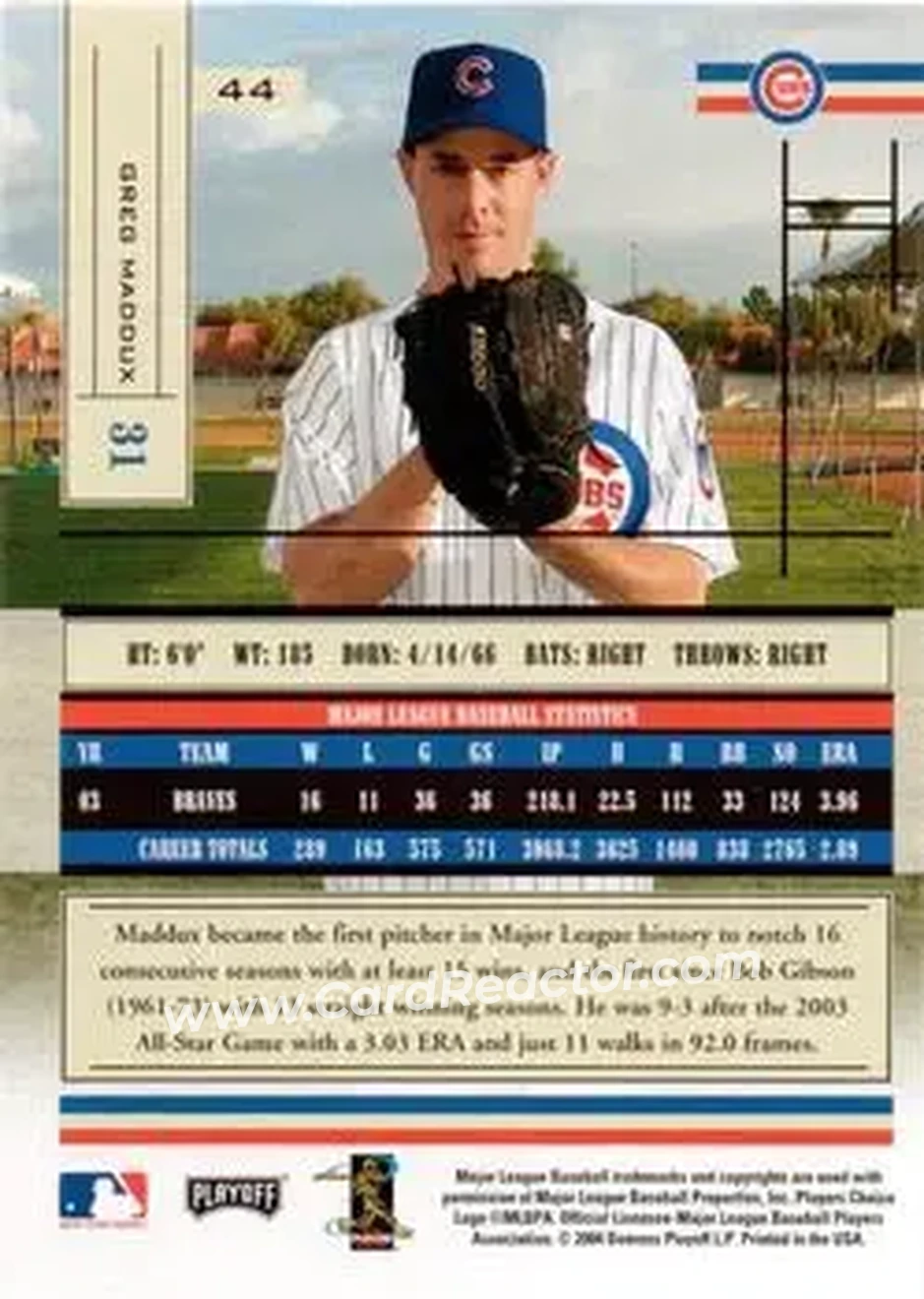 2004 Playoff Absolute Memorabilia - Retail #44 - Greg Maddux - Chicago Cubs - Back