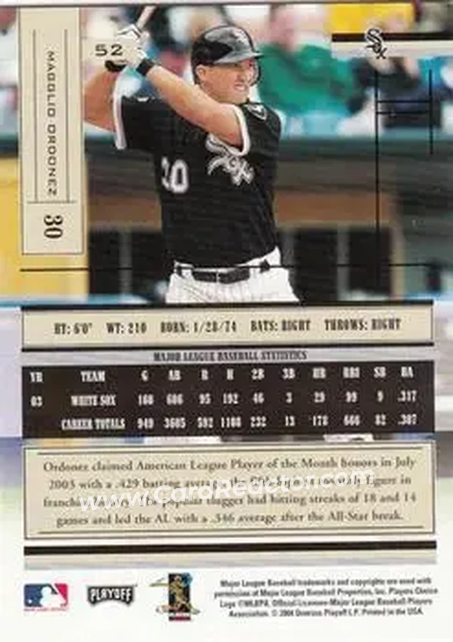 2004 Playoff Absolute Memorabilia - Retail #52 - Magglio Ordonez - Chicago White Sox - Back 2004 Playoff Absolute Memorabilia - Retail #52 - Magglio Ordonez - Chicago White Sox - Back