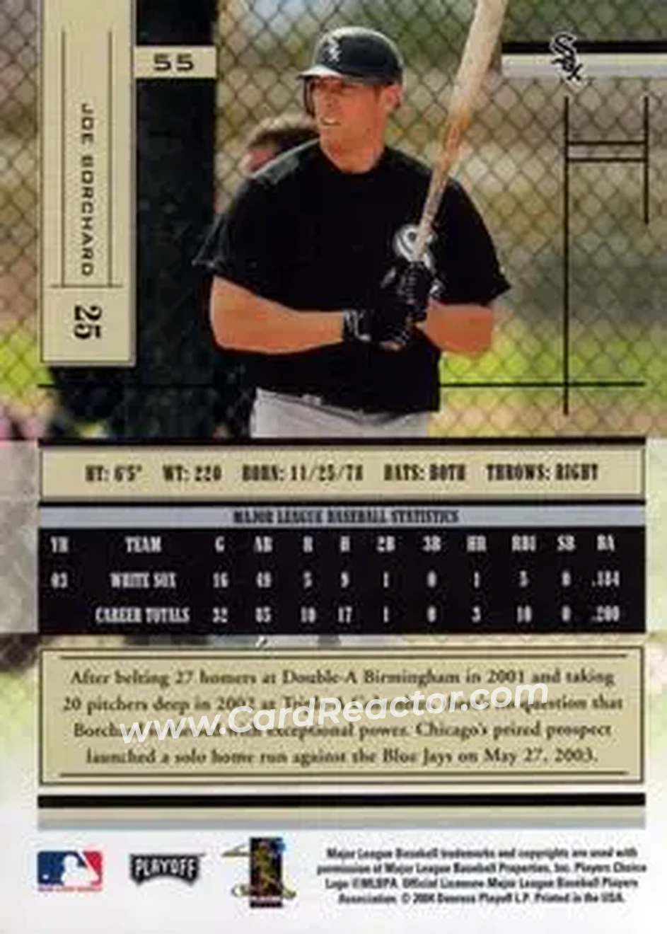 2004 Playoff Absolute Memorabilia - Retail #55 - Joe Borchard - Chicago White Sox - Back