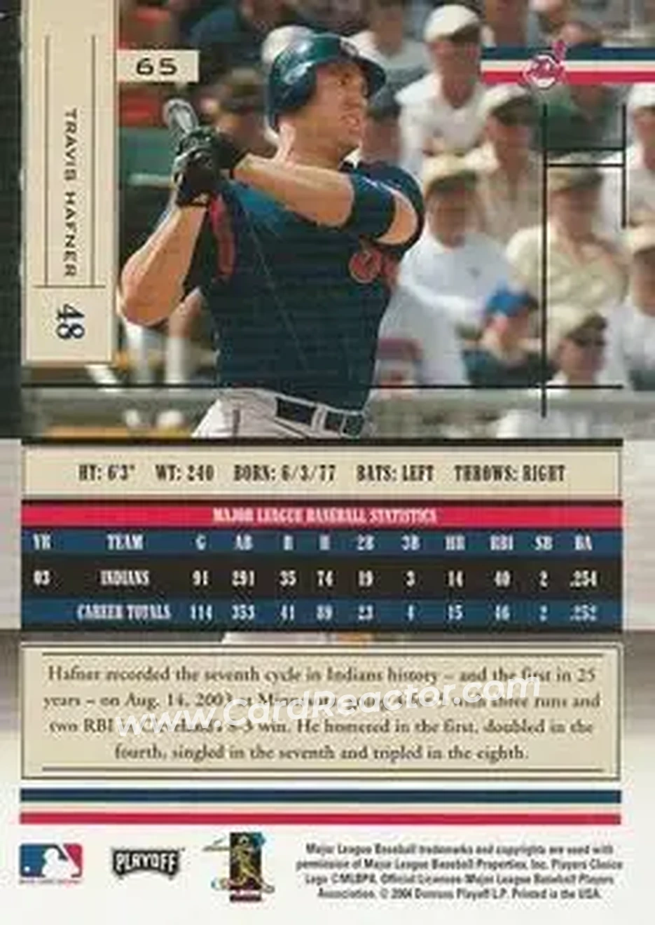 2004 Playoff Absolute Memorabilia - Retail #65 - Travis Hafner - Cleveland Indians - Back
