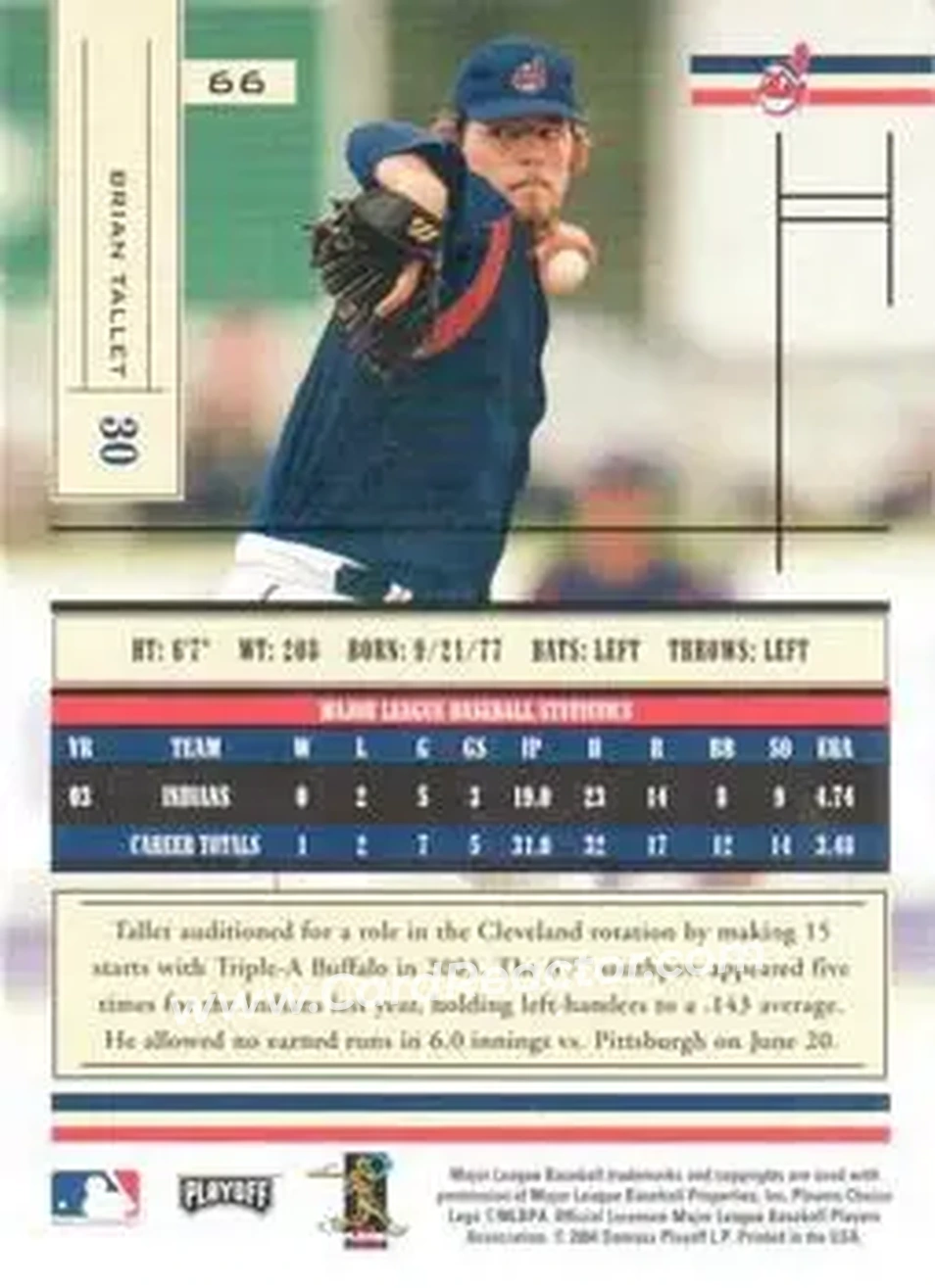 2004 Playoff Absolute Memorabilia - Retail #66 - Brian Tallet - Cleveland Indians - Back