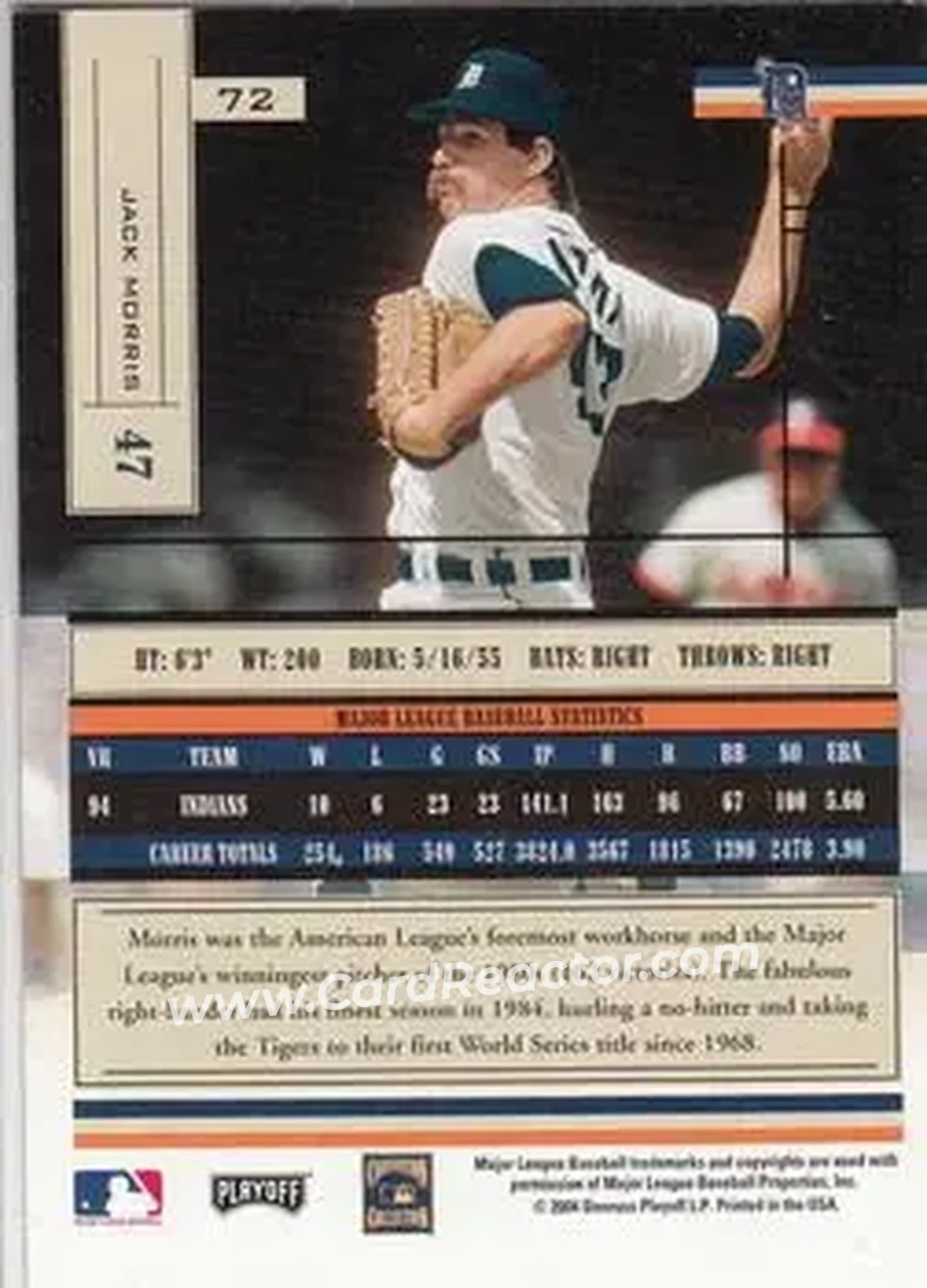 2004 Playoff Absolute Memorabilia - Retail #72 - Jack Morris - Detroit Tigers - Back