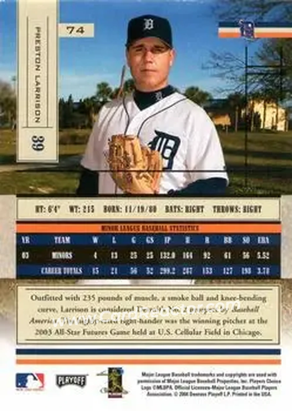2004 Playoff Absolute Memorabilia - Retail #74 - Preston Larrison - Detroit Tigers - Back