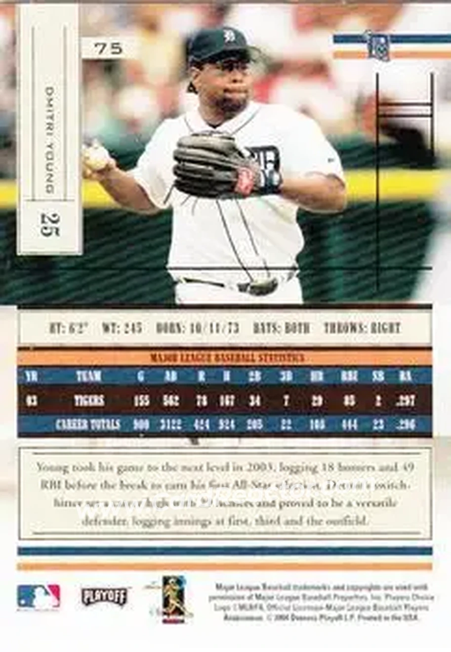 2004 Playoff Absolute Memorabilia - Retail #75 - Dmitri Young - Detroit Tigers - Back 2004 Playoff Absolute Memorabilia - Retail #75 - Dmitri Young - Detroit Tigers - Back