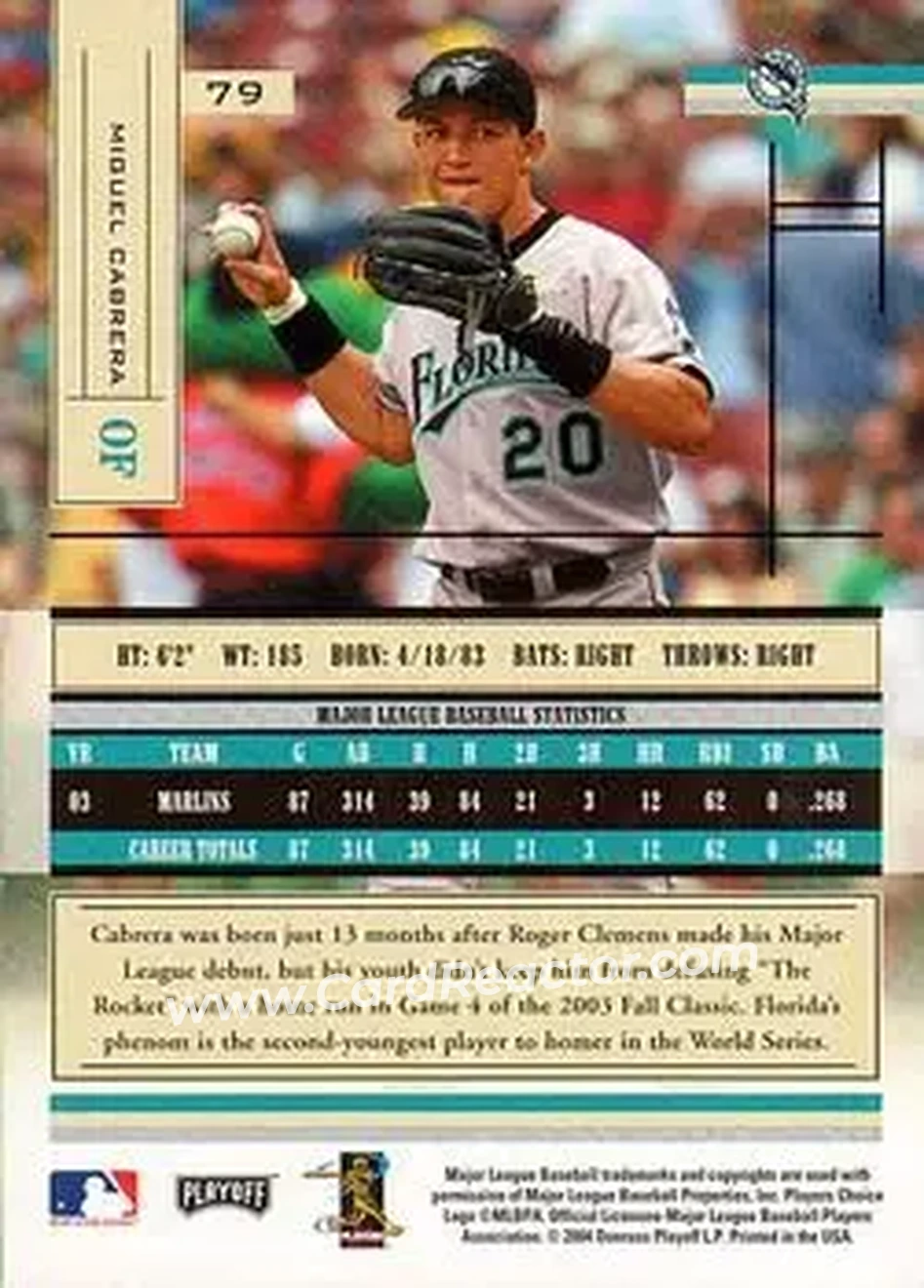 2004 Playoff Absolute Memorabilia - Retail #79 - Miguel Cabrera - Florida Marlins - Back